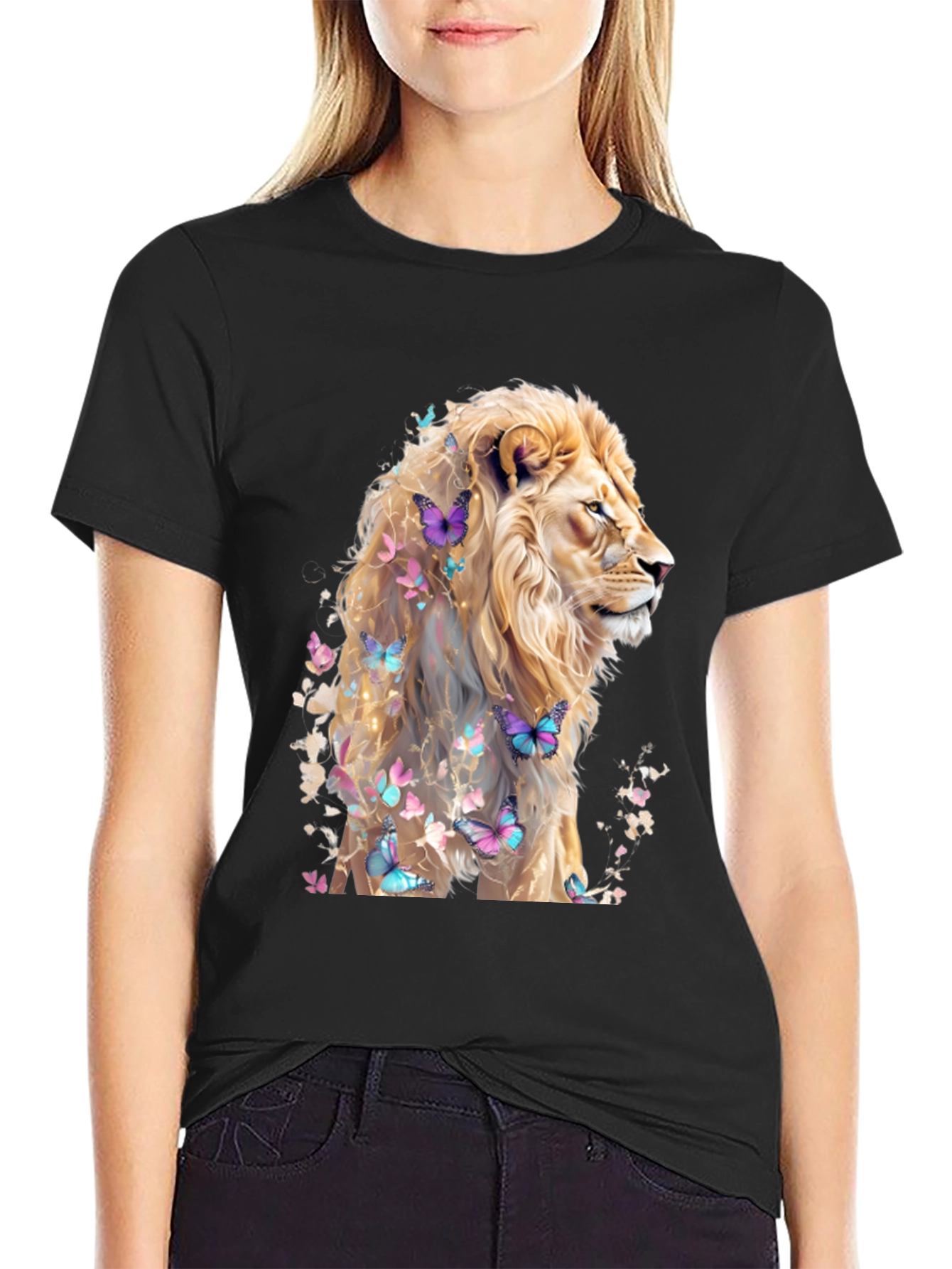 Lion & Butterflies Graphic Tee - Artistic Mens Shirt