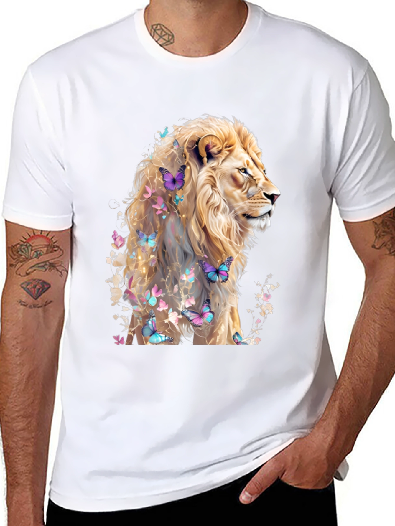 Lion & Butterflies Graphic Tee - Artistic Mens Shirt