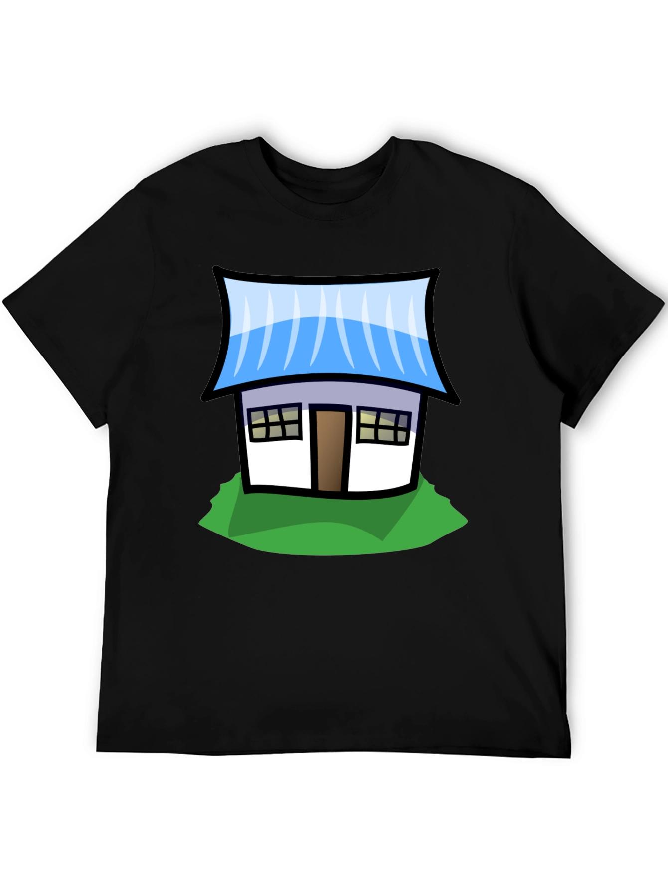 Cartoon House Graphic Tee - Black Cotton T-Shirt
