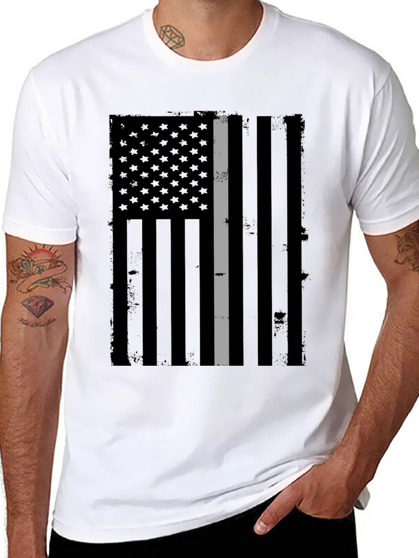Distressed Grey Line Flag Graphic T-Shirt