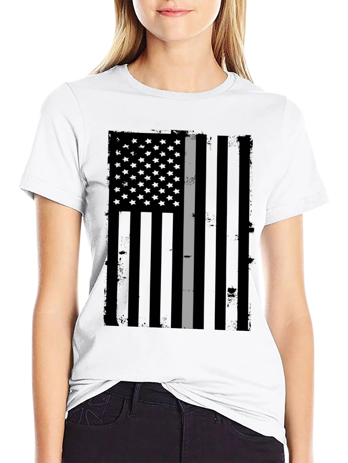 Distressed Grey Line Flag Graphic T-Shirt