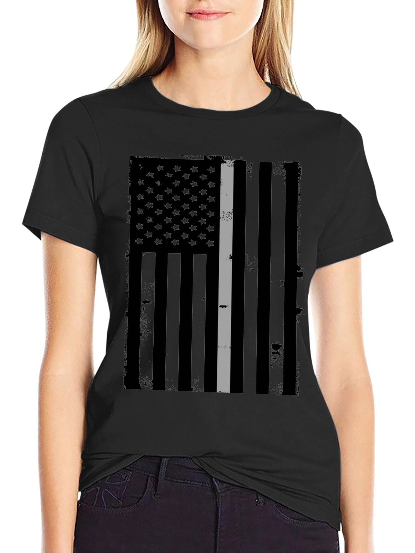 Distressed Grey Line Flag Graphic T-Shirt