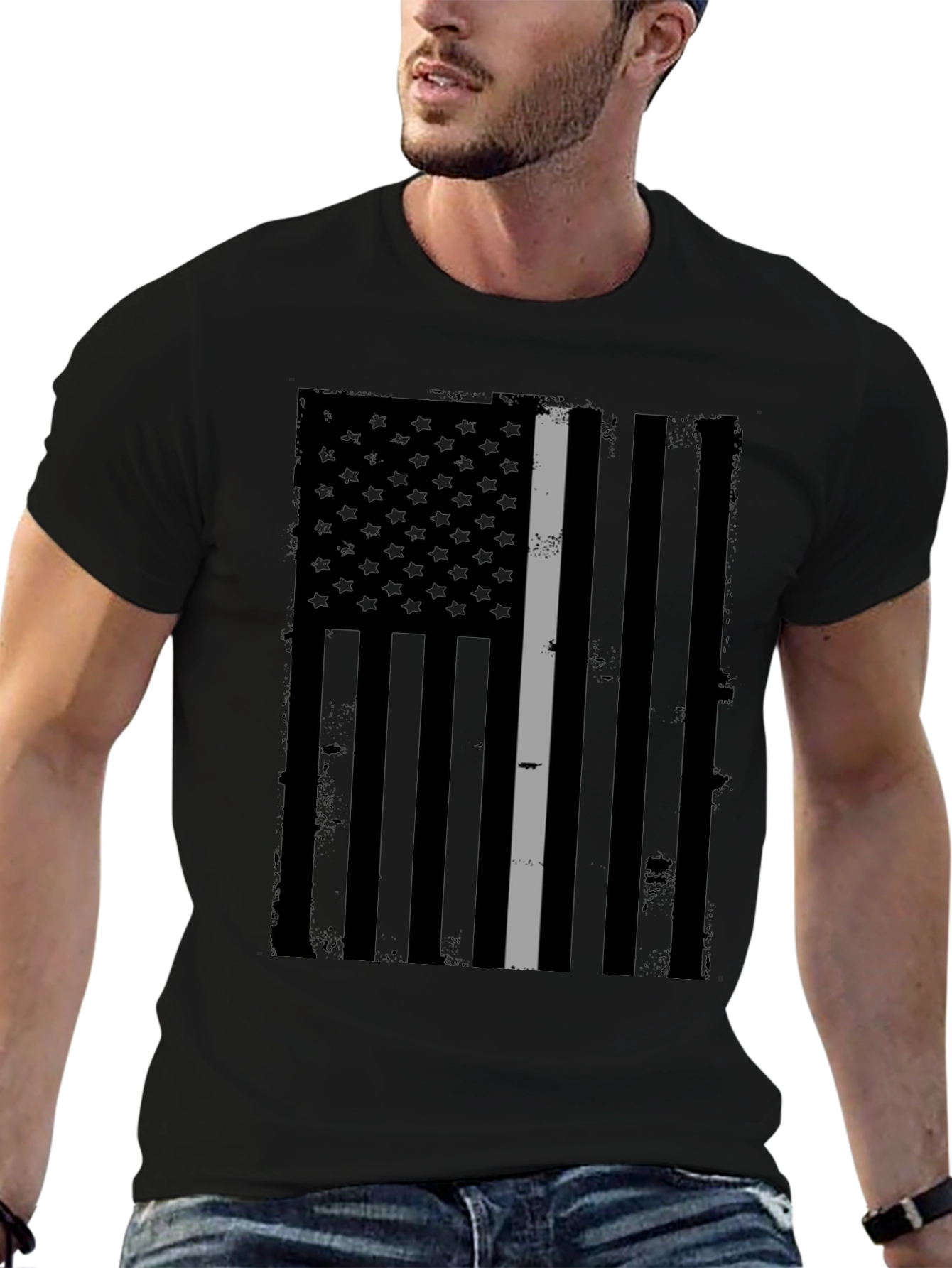 Distressed Grey Line Flag Graphic T-Shirt