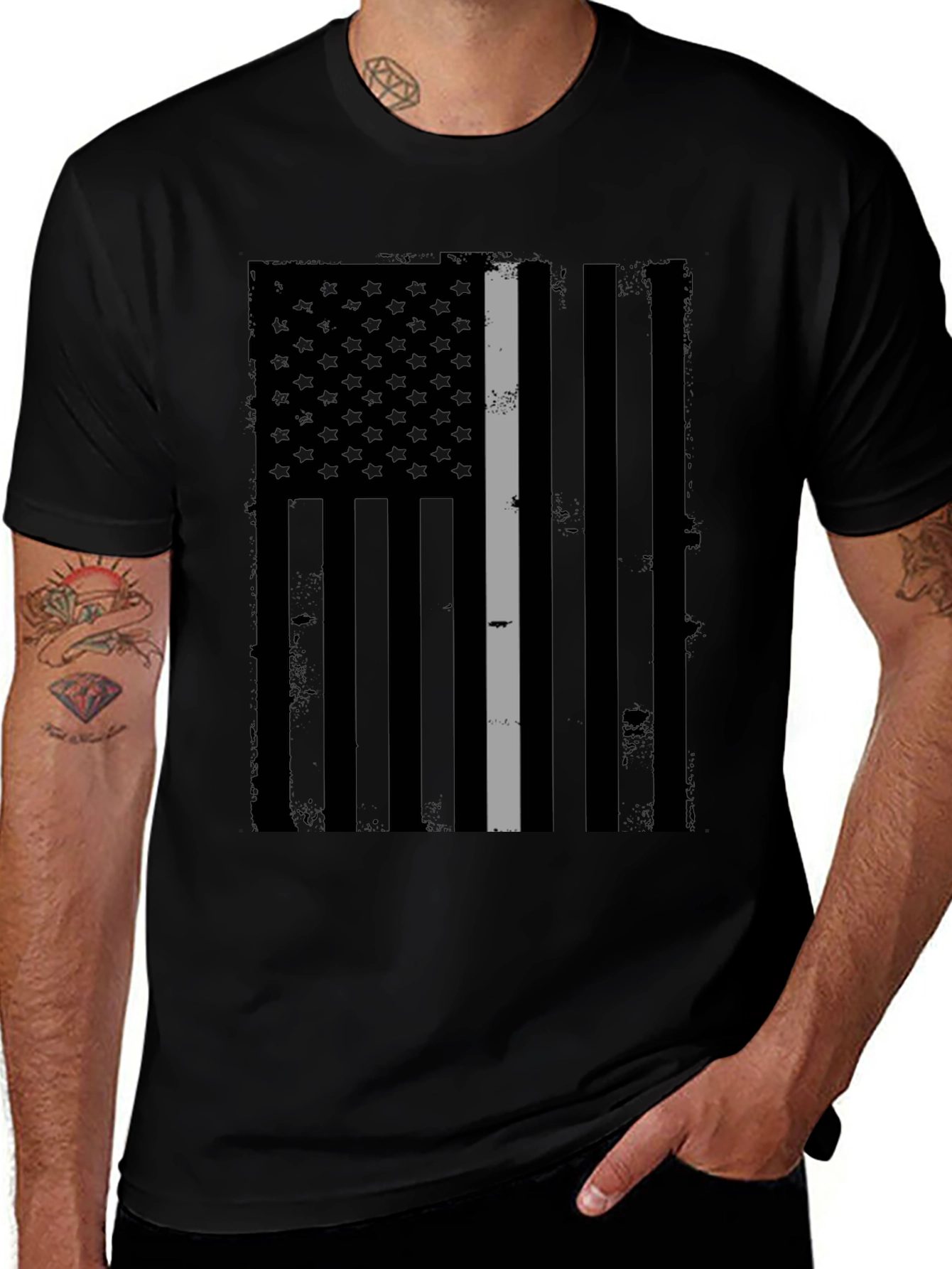 Distressed Grey Line Flag Graphic T-Shirt