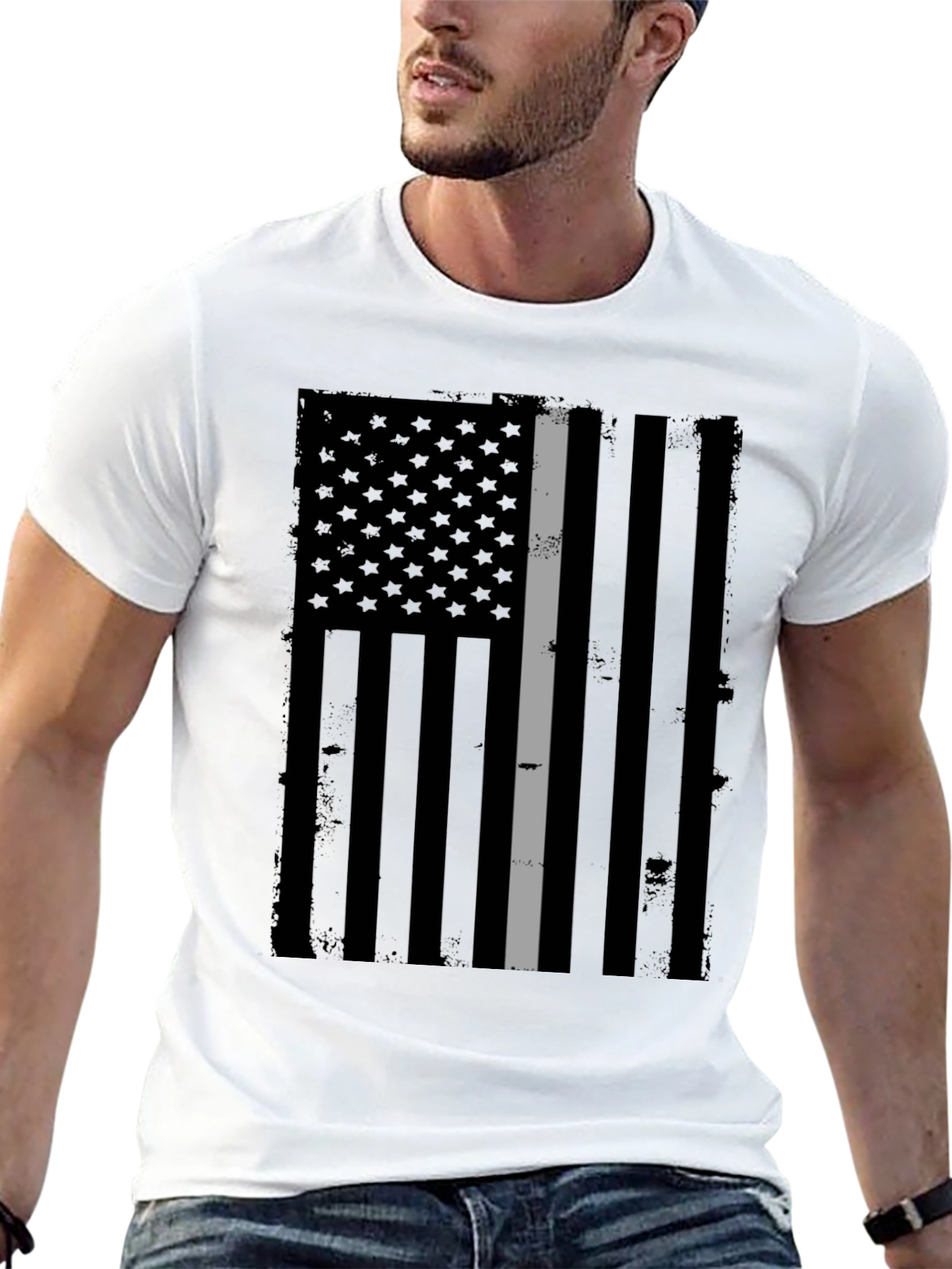 Distressed Grey Line Flag Graphic T-Shirt