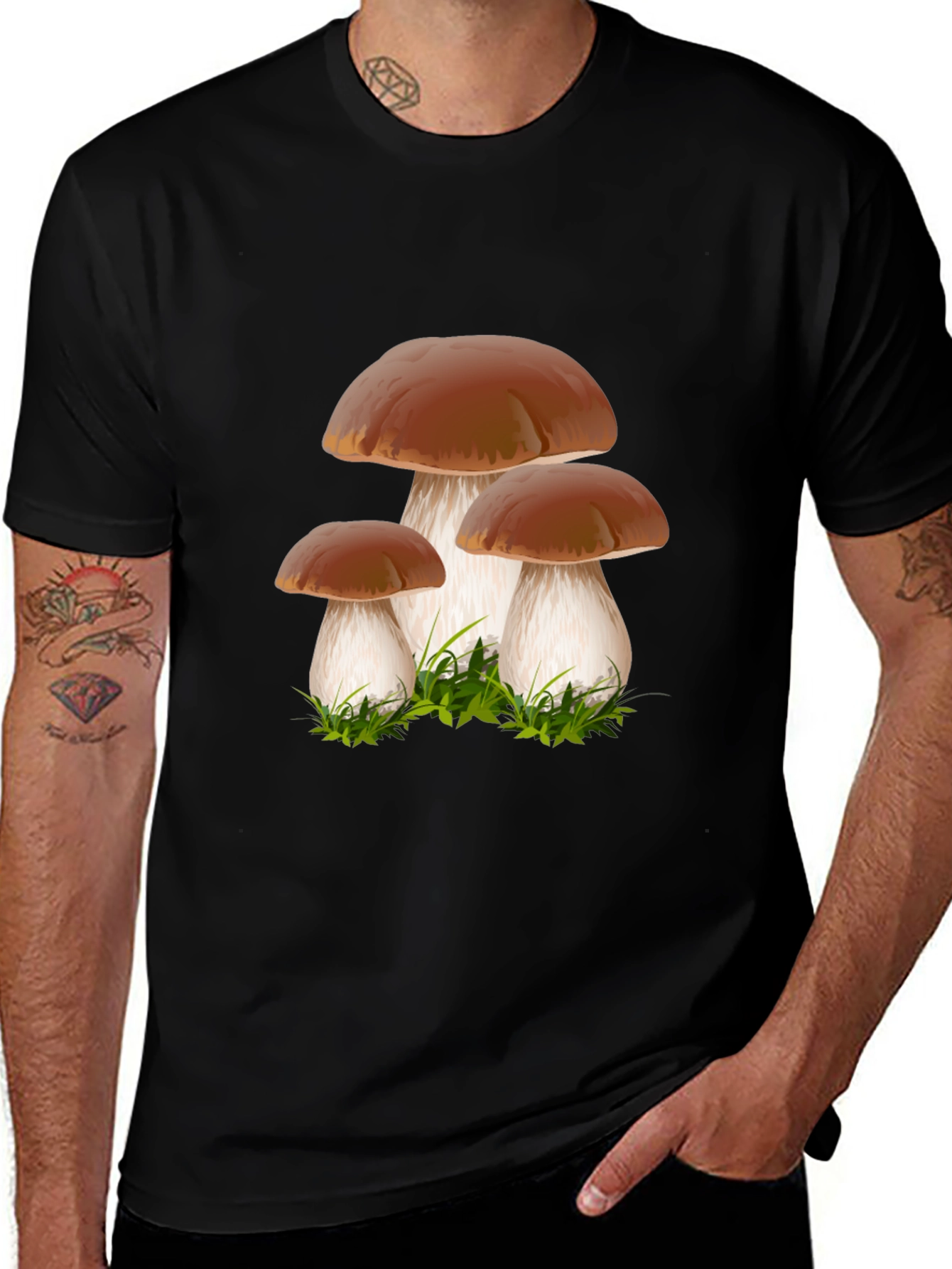 Mushroom Graphic Tee - Black Crew Neck Shirt