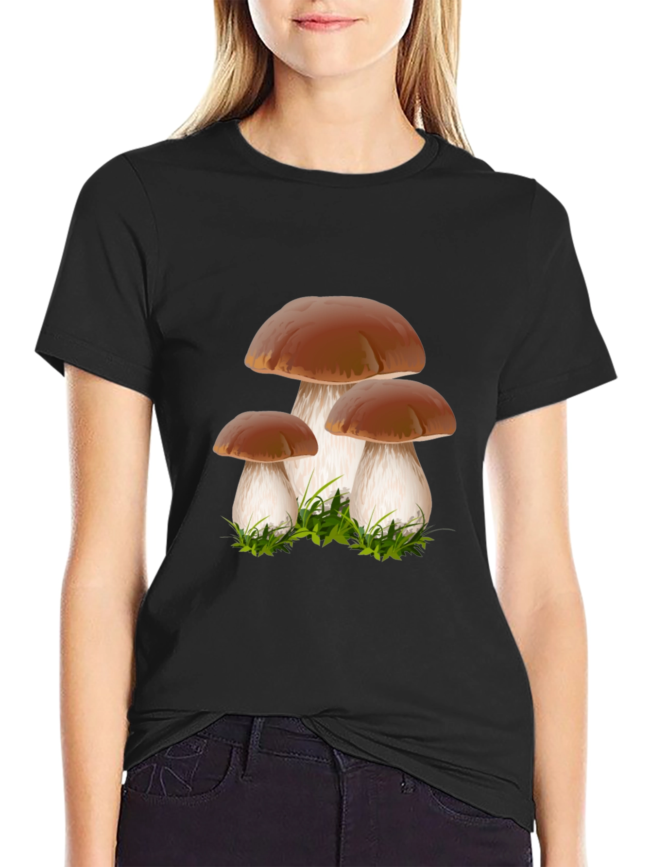 Mushroom Graphic Tee - Black Crew Neck Shirt