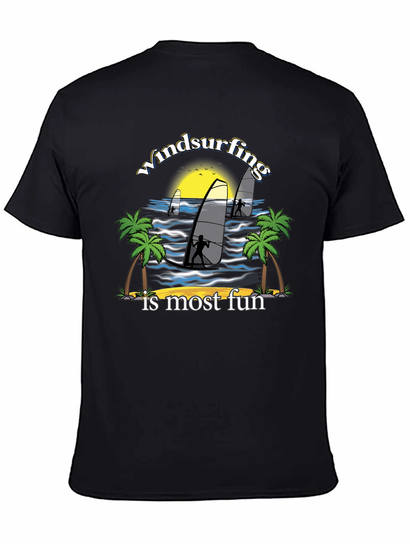 Windsurfing Fun Graphic Tee - Black Cotton T-Shirt