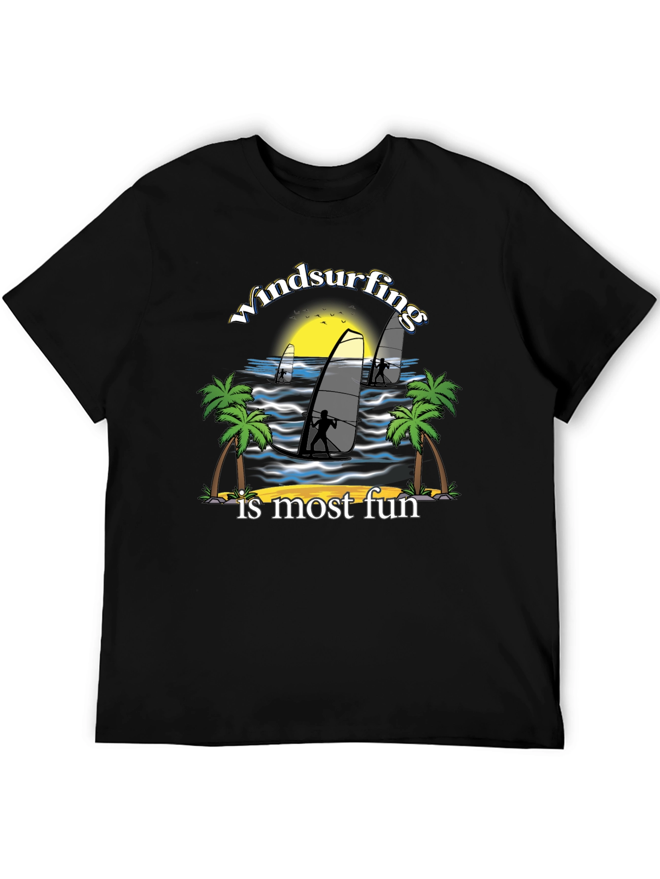 Windsurfing Fun Graphic Tee - Black Cotton T-Shirt