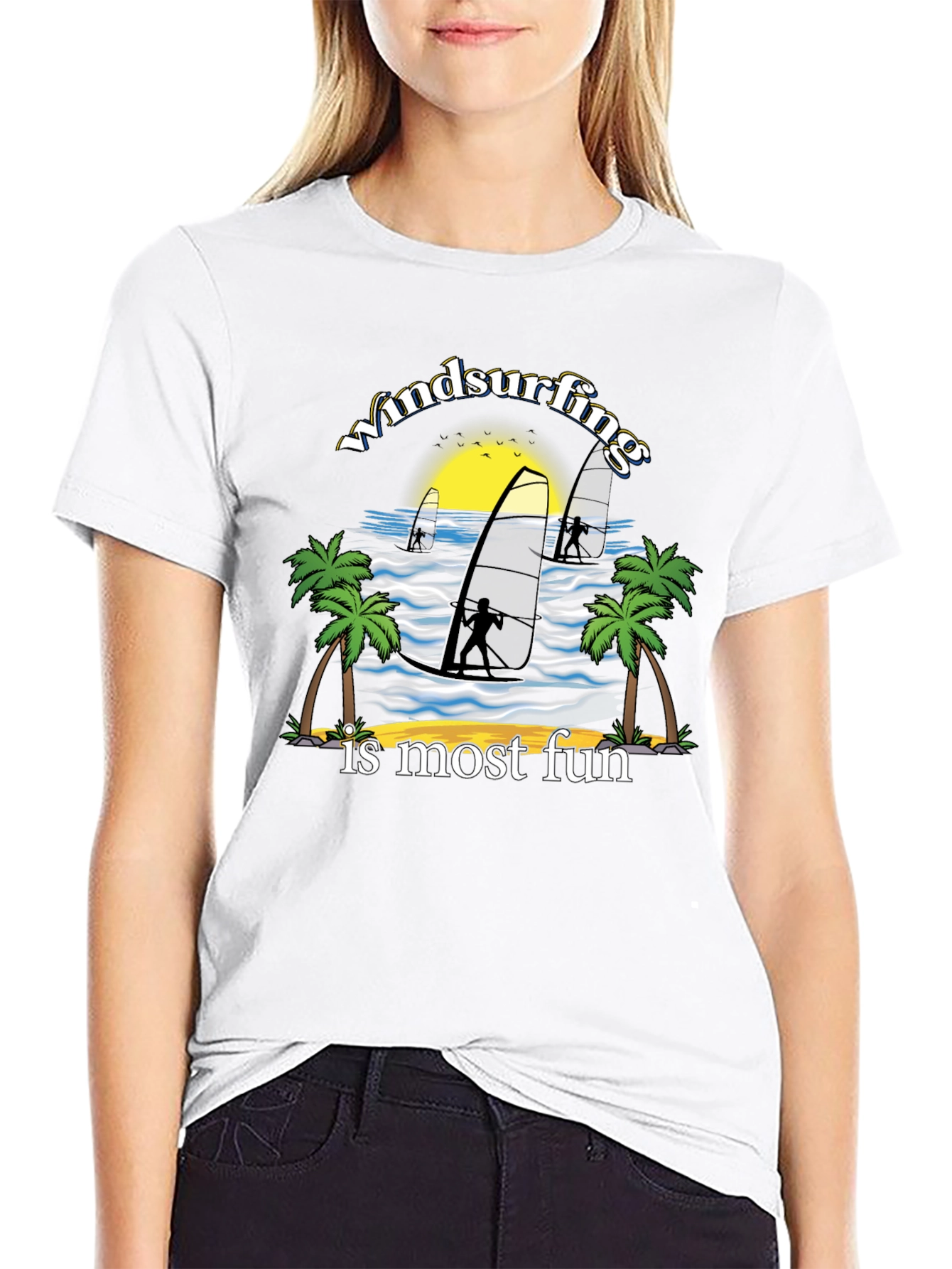 Windsurfing Fun Graphic Tee - Black Cotton T-Shirt