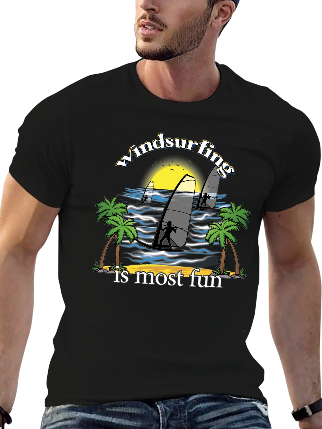 Windsurfing Fun Graphic Tee - Black Cotton T-Shirt