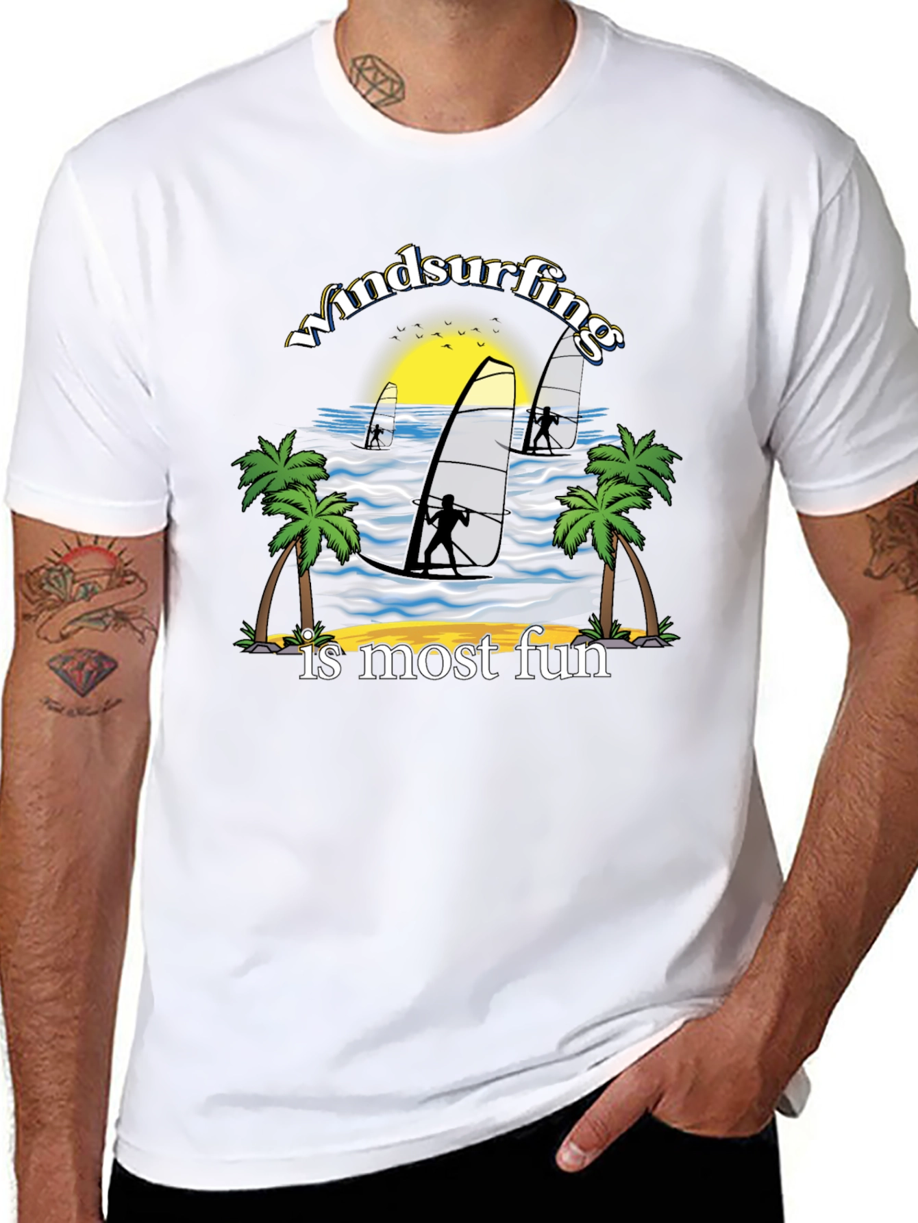 Windsurfing Fun Graphic Tee - Black Cotton T-Shirt