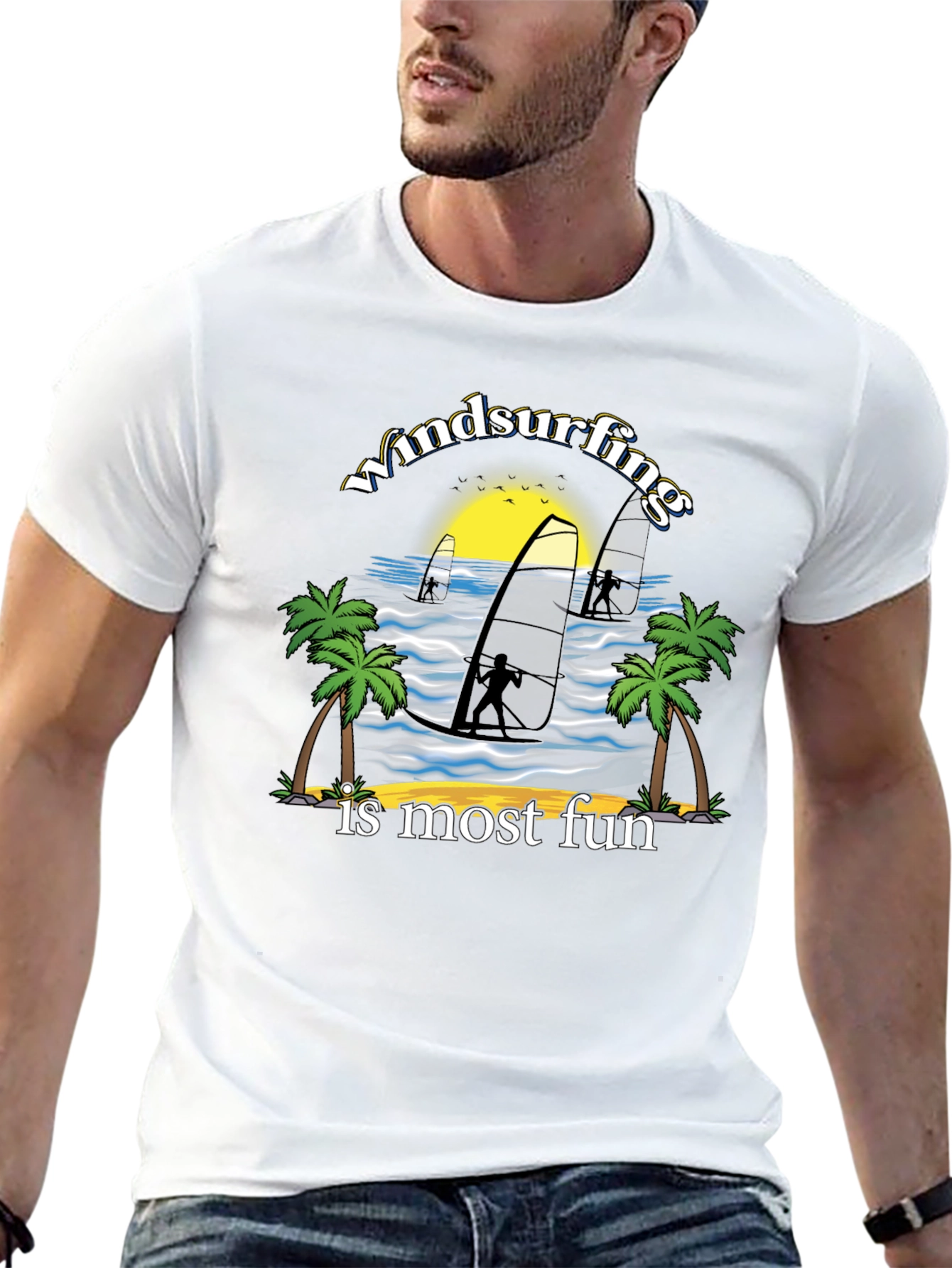 Windsurfing Fun Graphic Tee - Black Cotton T-Shirt