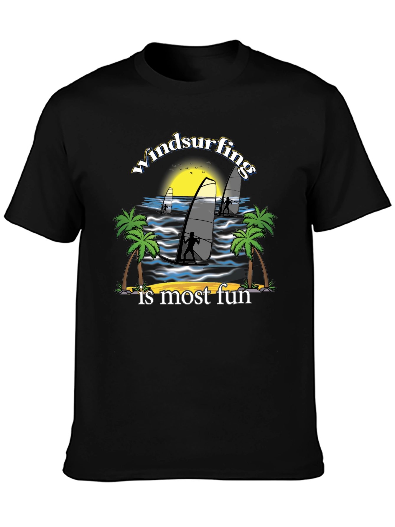 Windsurfing Fun Graphic Tee - Black Cotton T-Shirt