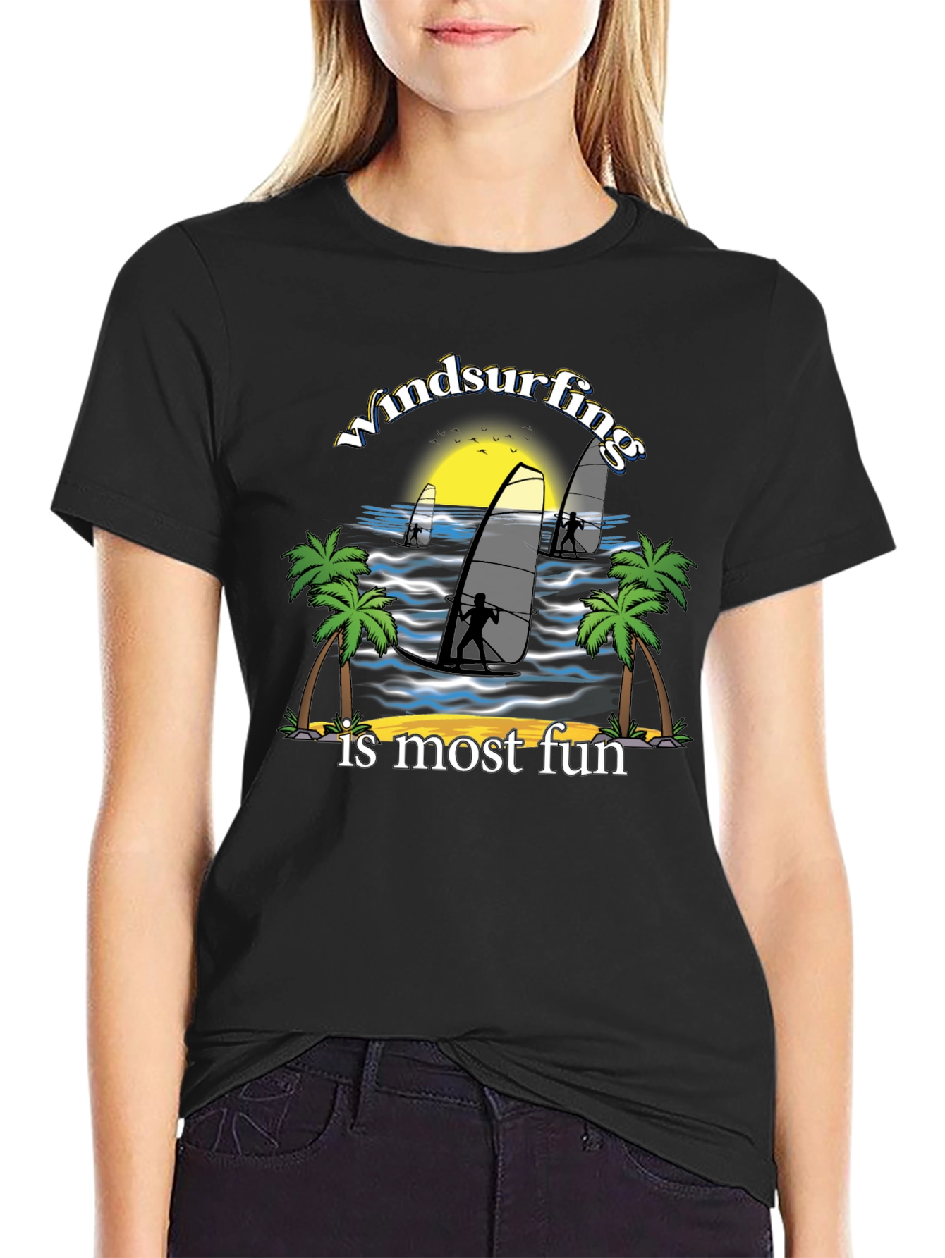 Windsurfing Fun Graphic Tee - Black Cotton T-Shirt