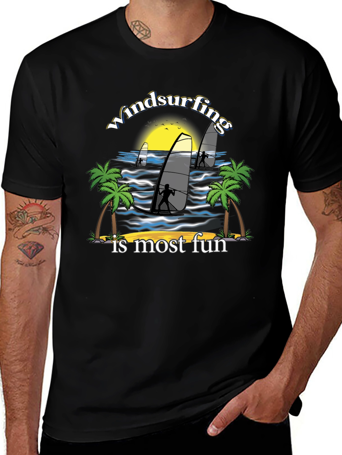 Windsurfing Fun Graphic Tee - Black Cotton T-Shirt