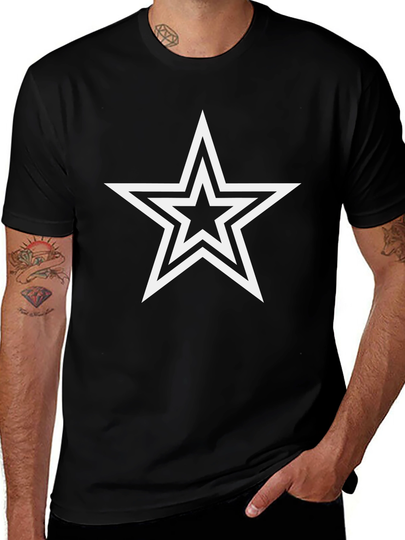 Black T-Shirt with White Double Star Graphic