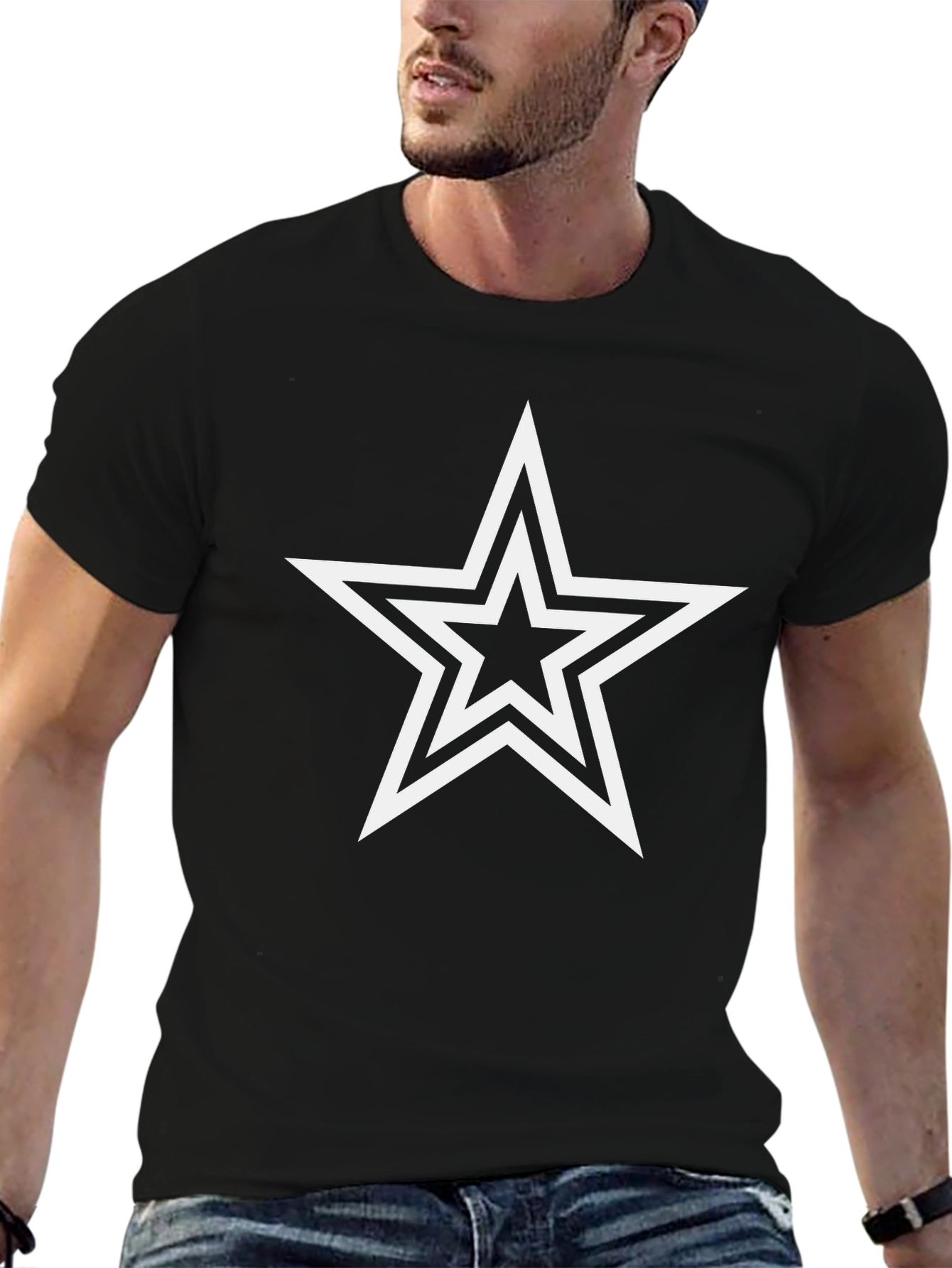 Black T-Shirt with White Double Star Graphic