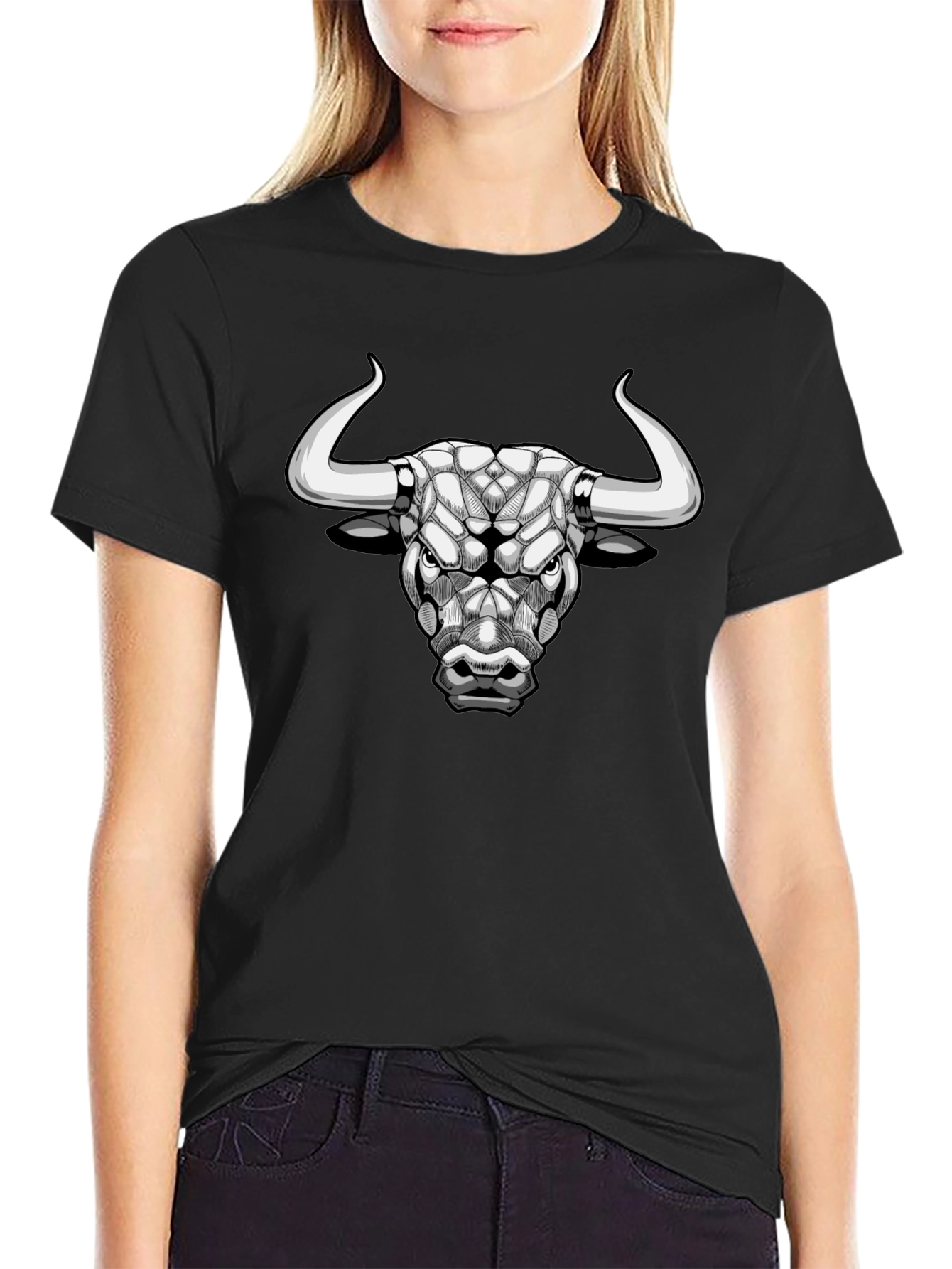 Geometric Bull Graphic Tee - Black