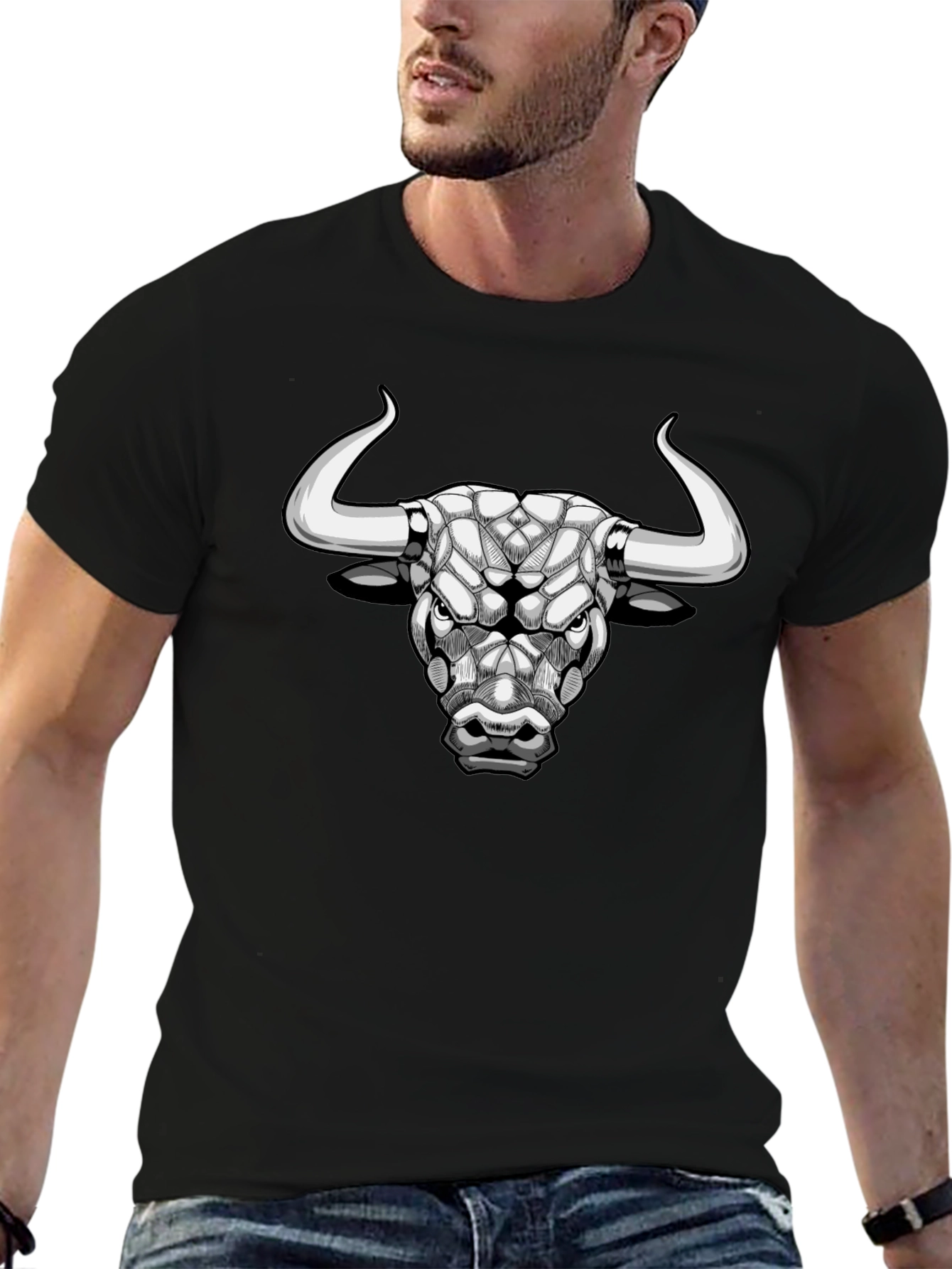 Geometric Bull Graphic Tee - Black
