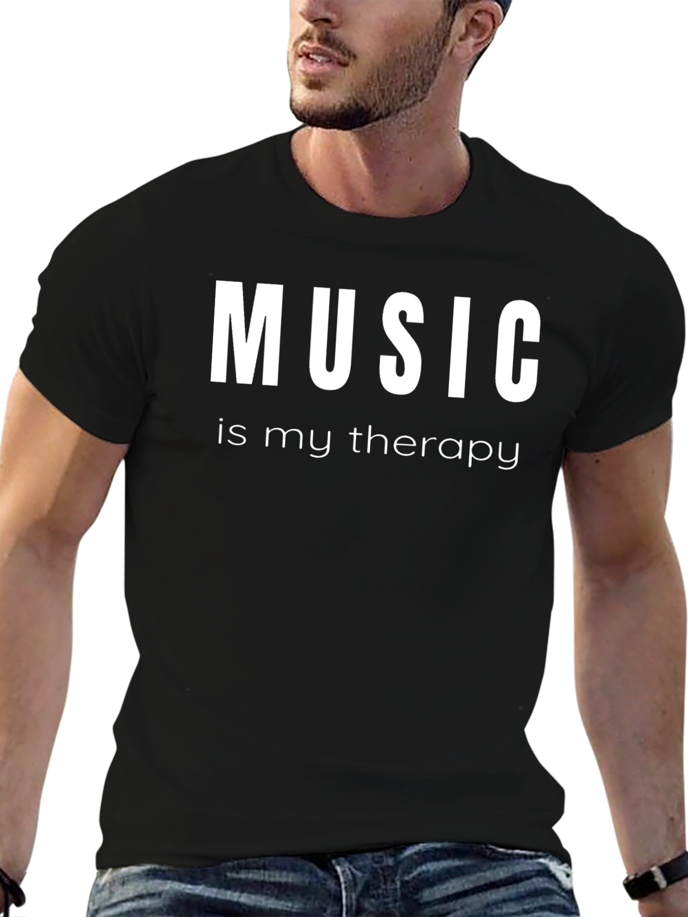 Music is My Therapy Black Graphic T-Shirt