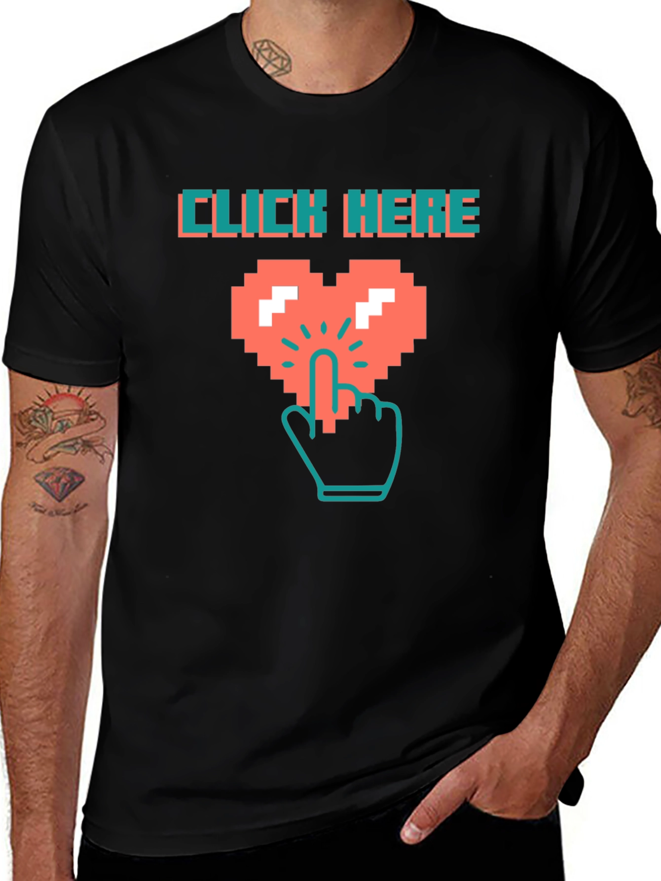 Click Here Pixel Heart Black T-Shirt