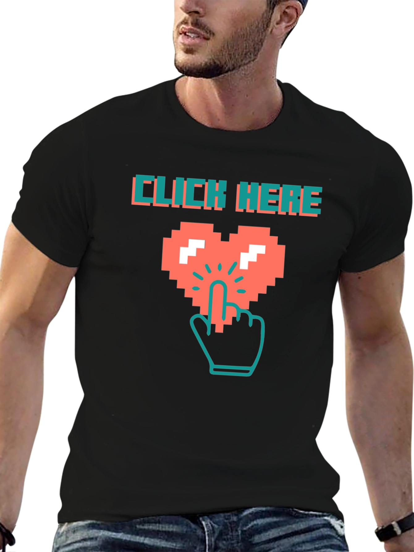 Click Here Pixel Heart Black T-Shirt