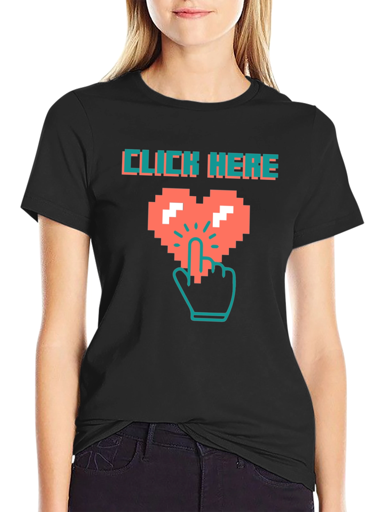 Click Here Pixel Heart Black T-Shirt