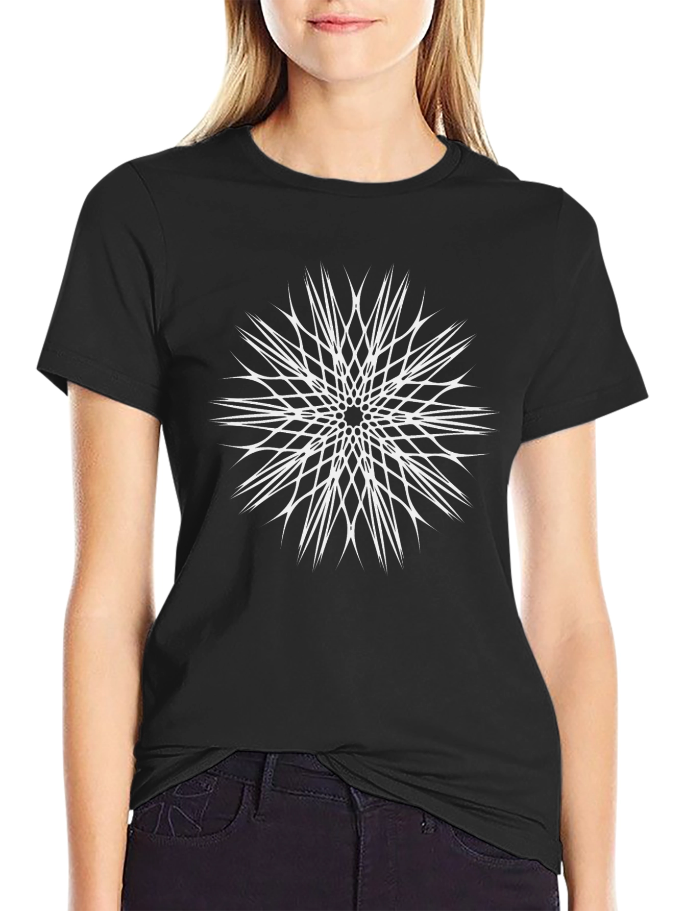 Abstract Geometric White Print Black T-Shirt