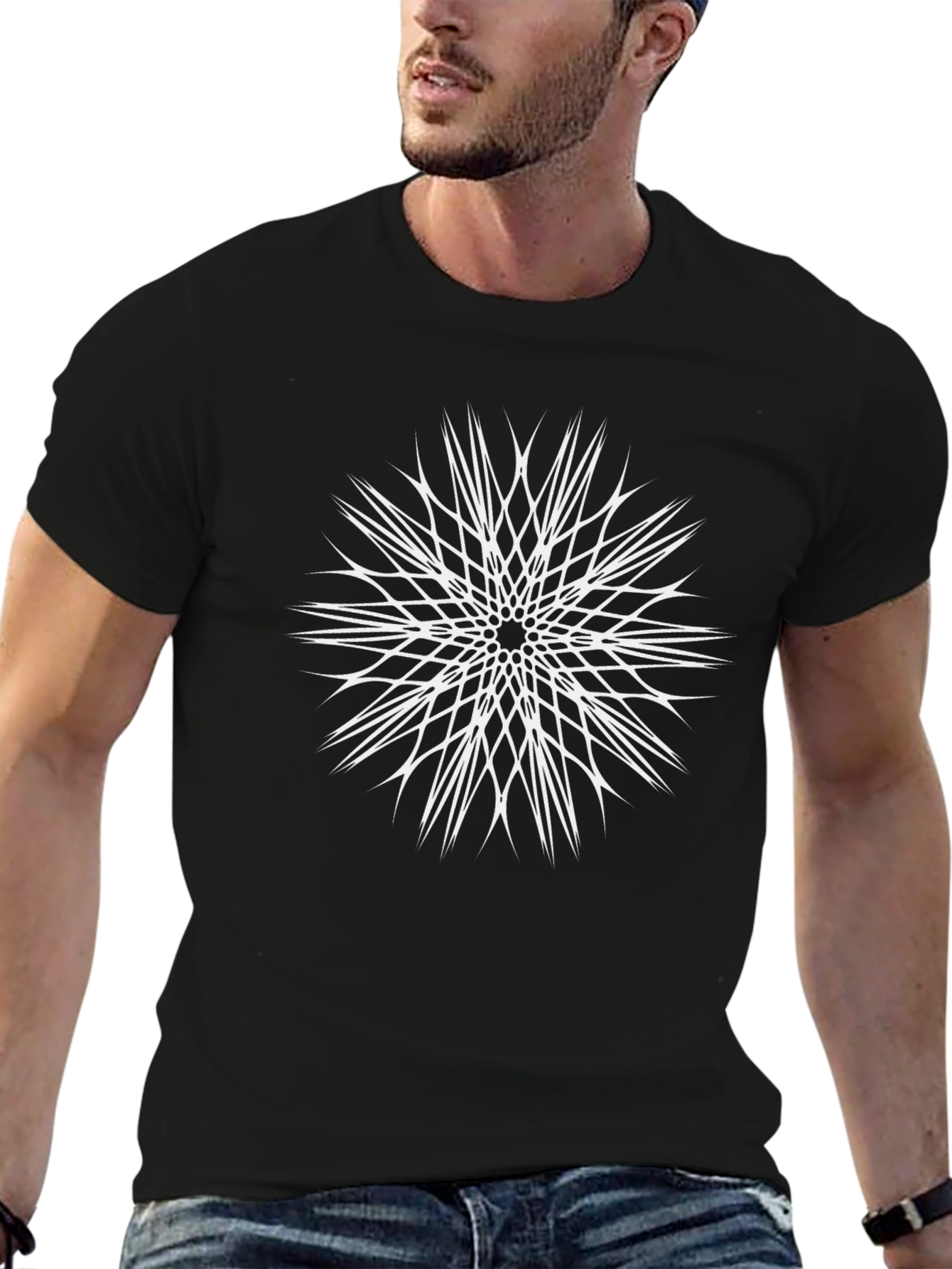Abstract Geometric White Print Black T-Shirt