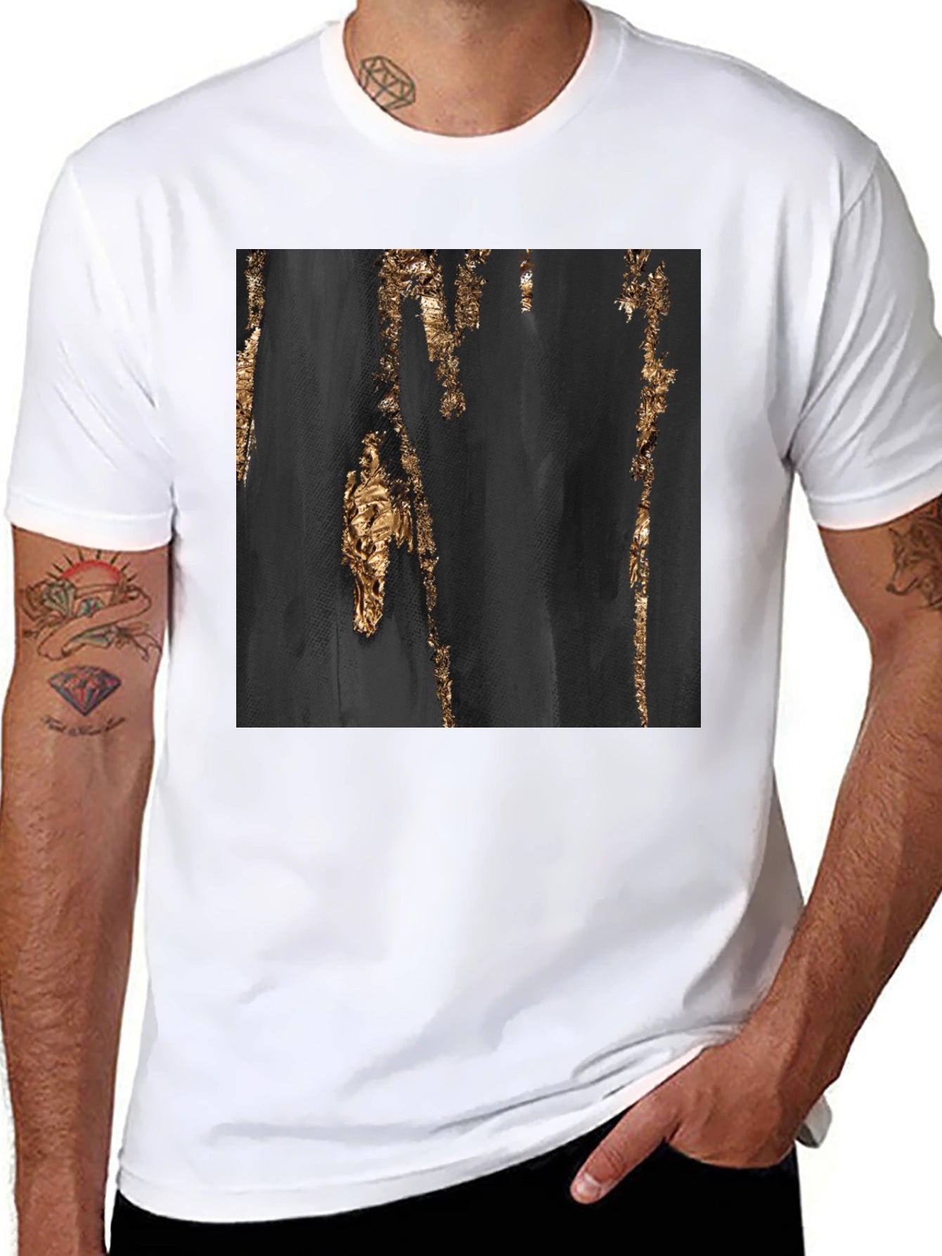 Abstract Gold Foil Print Black T-Shirt