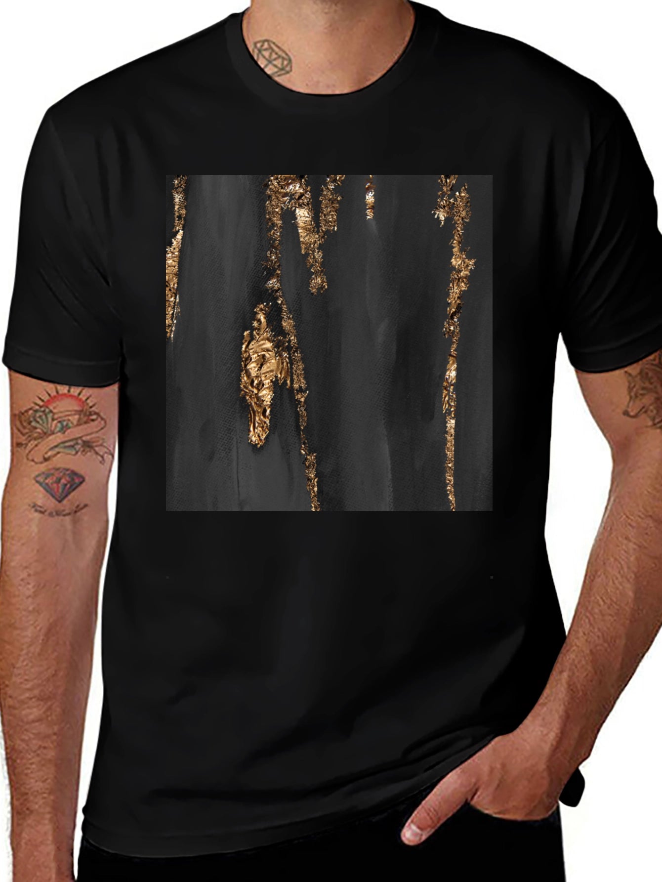 Abstract Gold Foil Print Black T-Shirt