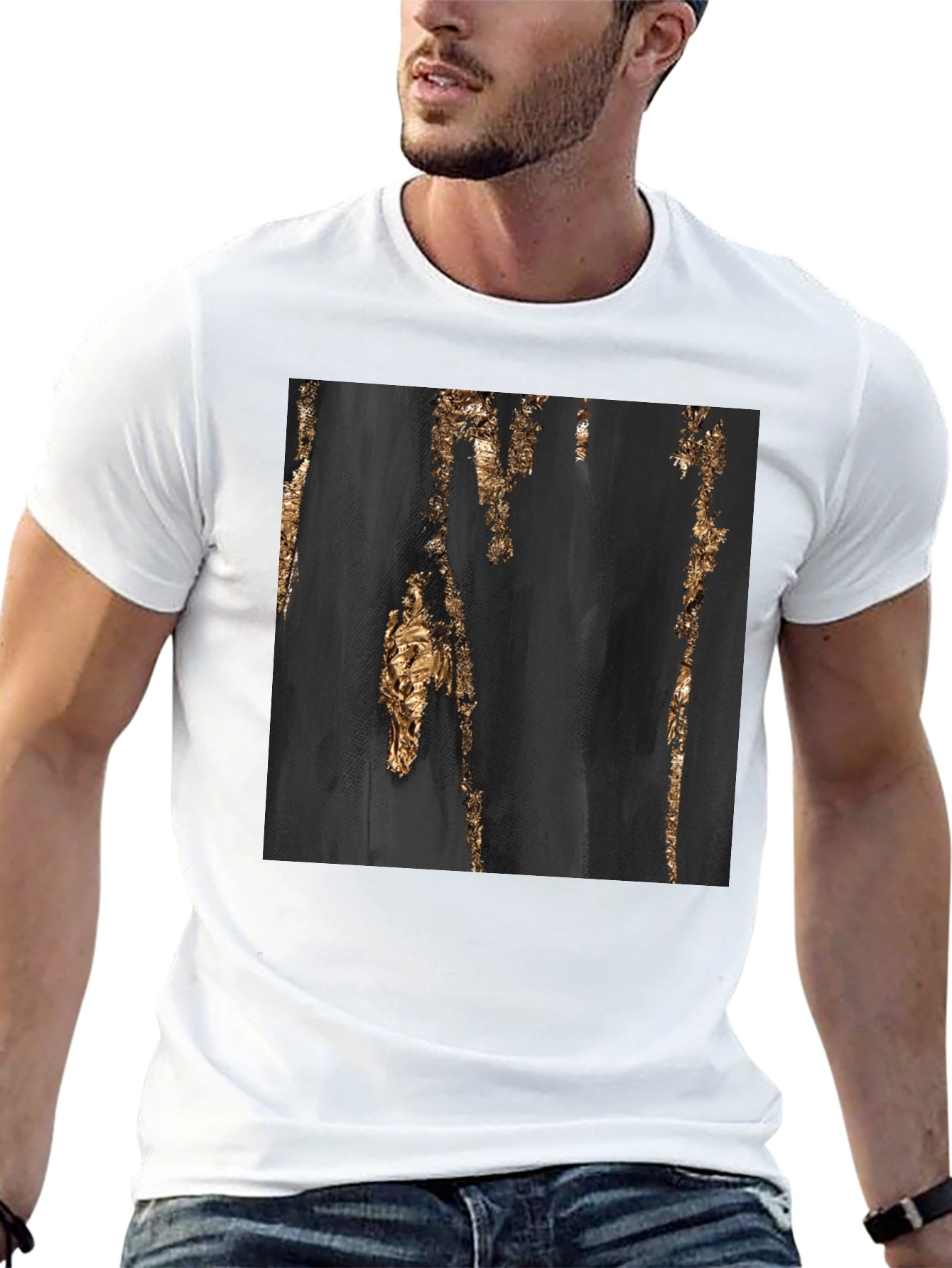 Abstract Gold Foil Print Black T-Shirt