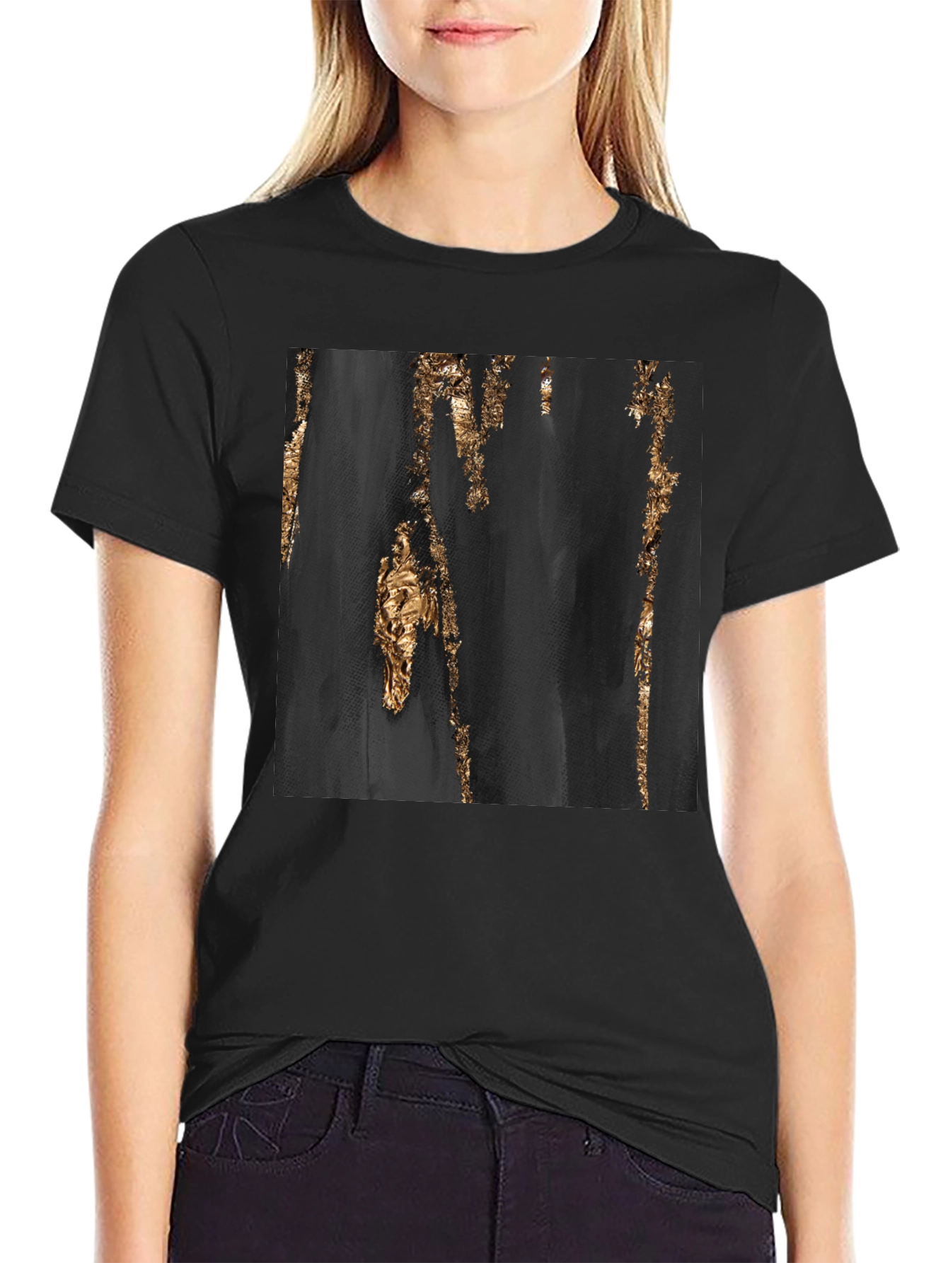 Abstract Gold Foil Print Black T-Shirt
