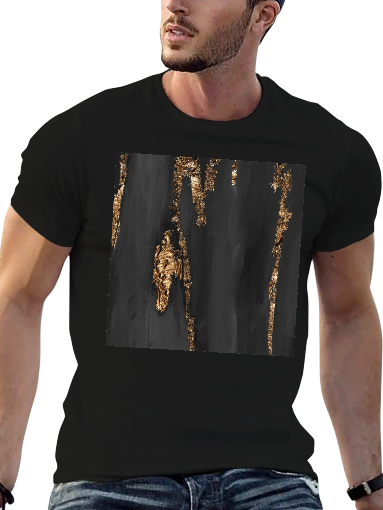 Abstract Gold Foil Print Black T-Shirt