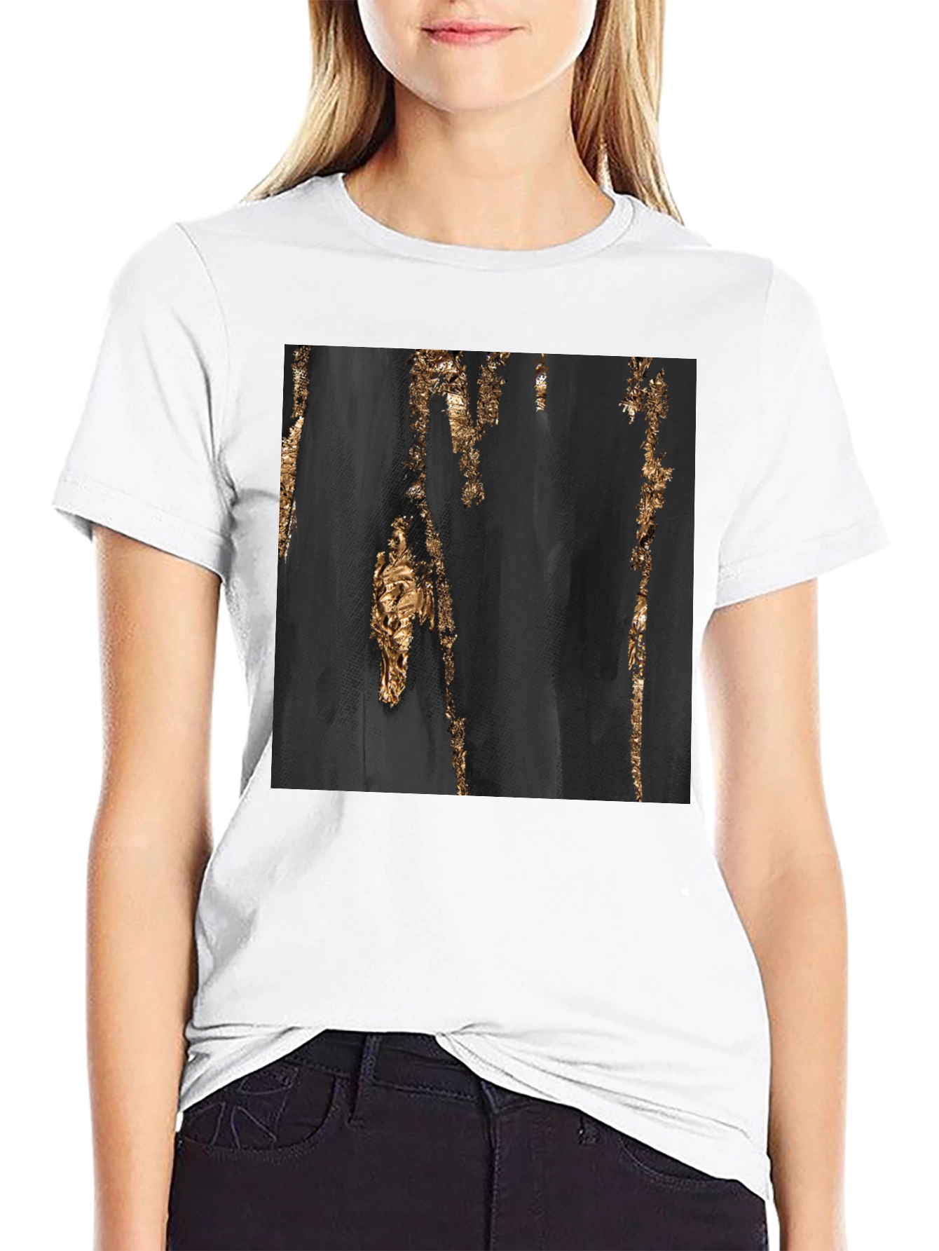 Abstract Gold Foil Print Black T-Shirt