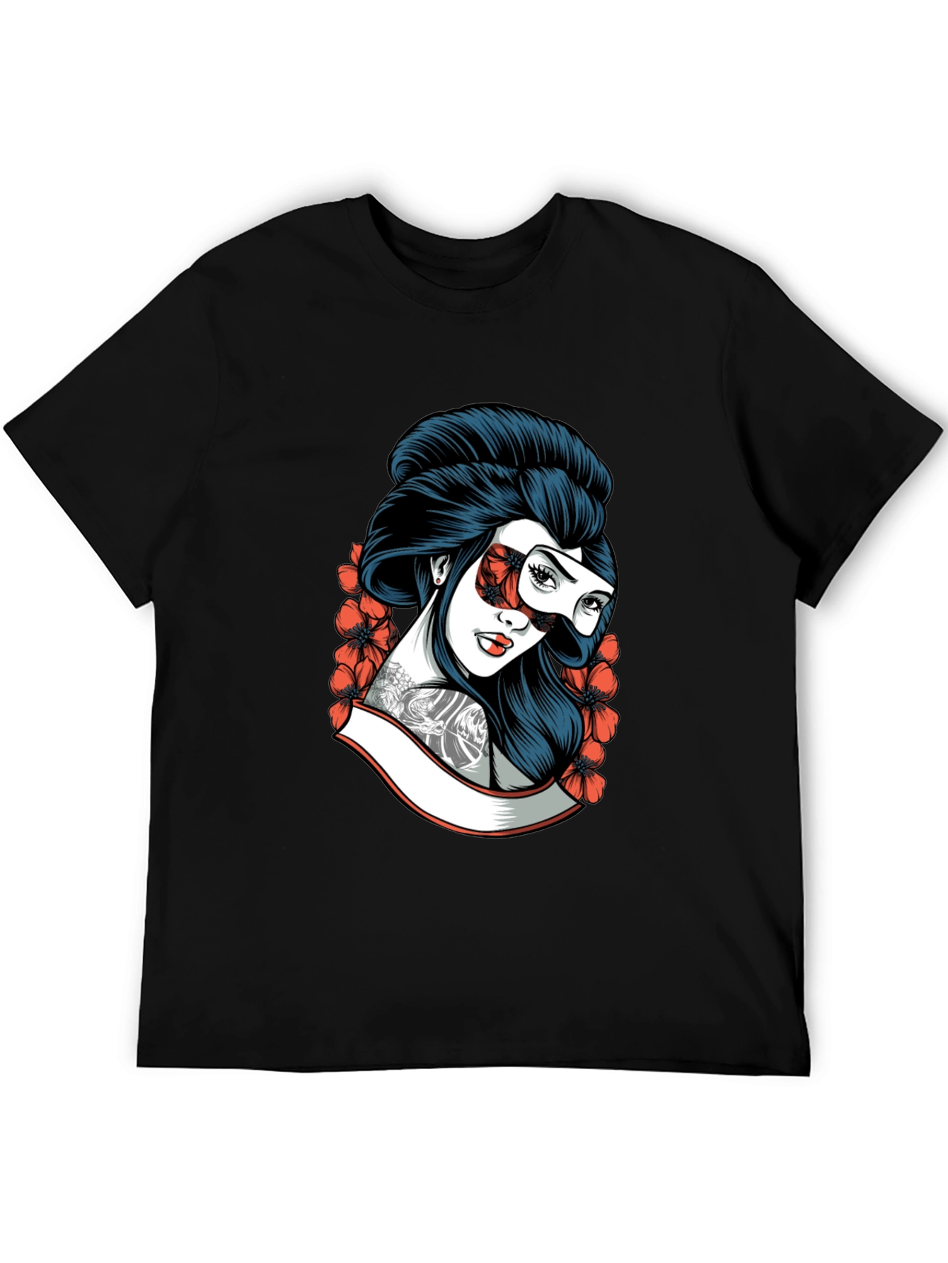 Geisha Mask Graphic Tee - Black Cotton T-Shirt
