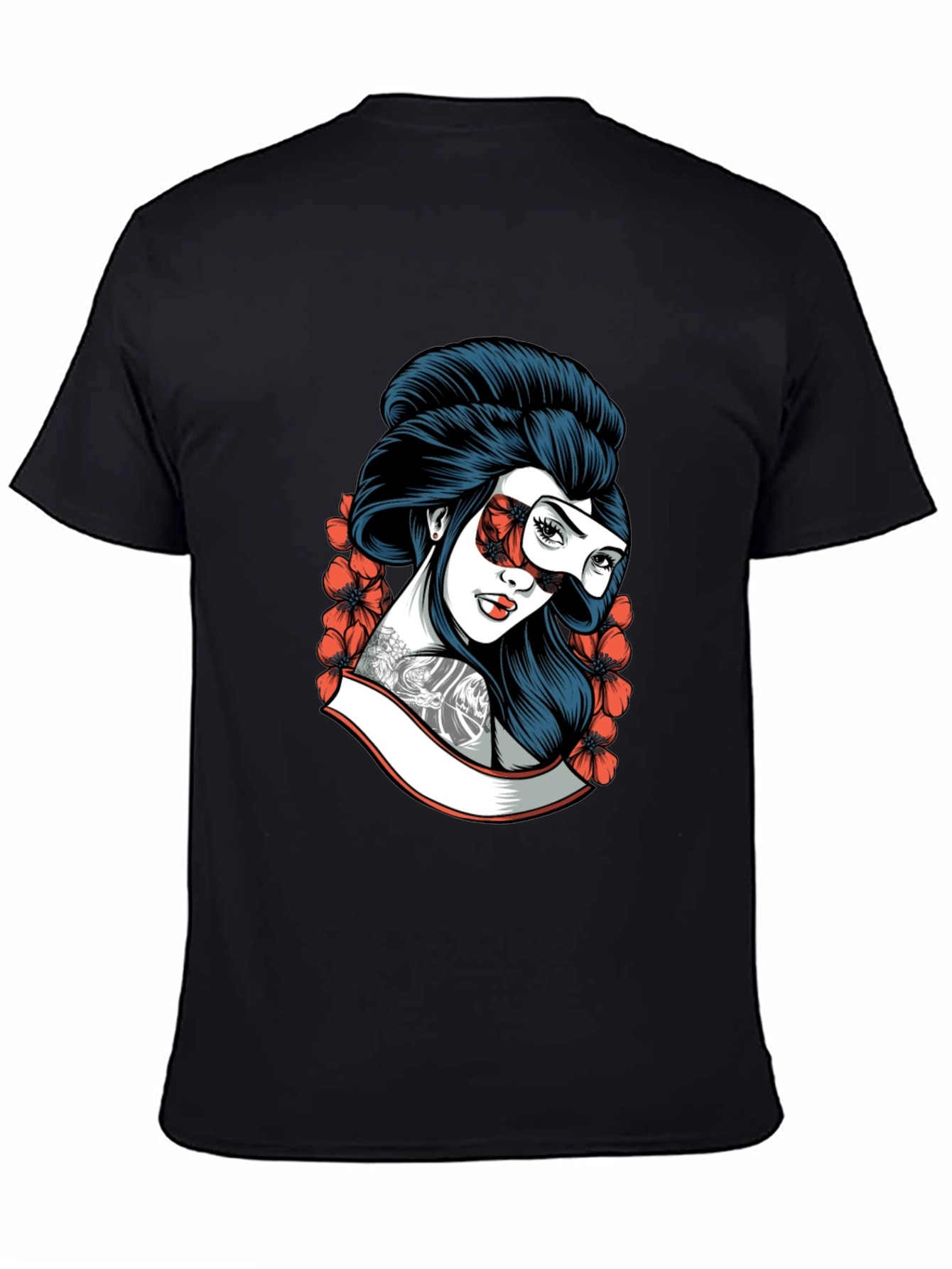 Geisha Mask Graphic Tee - Black Cotton T-Shirt