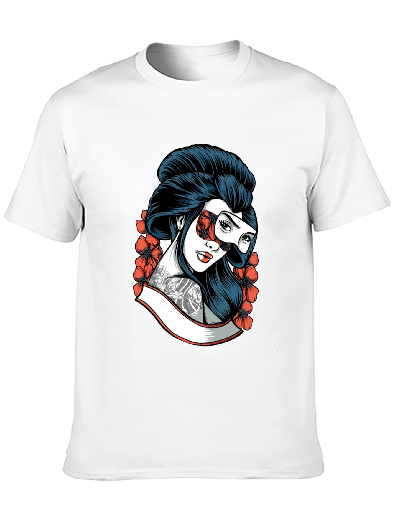 Geisha Mask Graphic Tee - Black Cotton T-Shirt