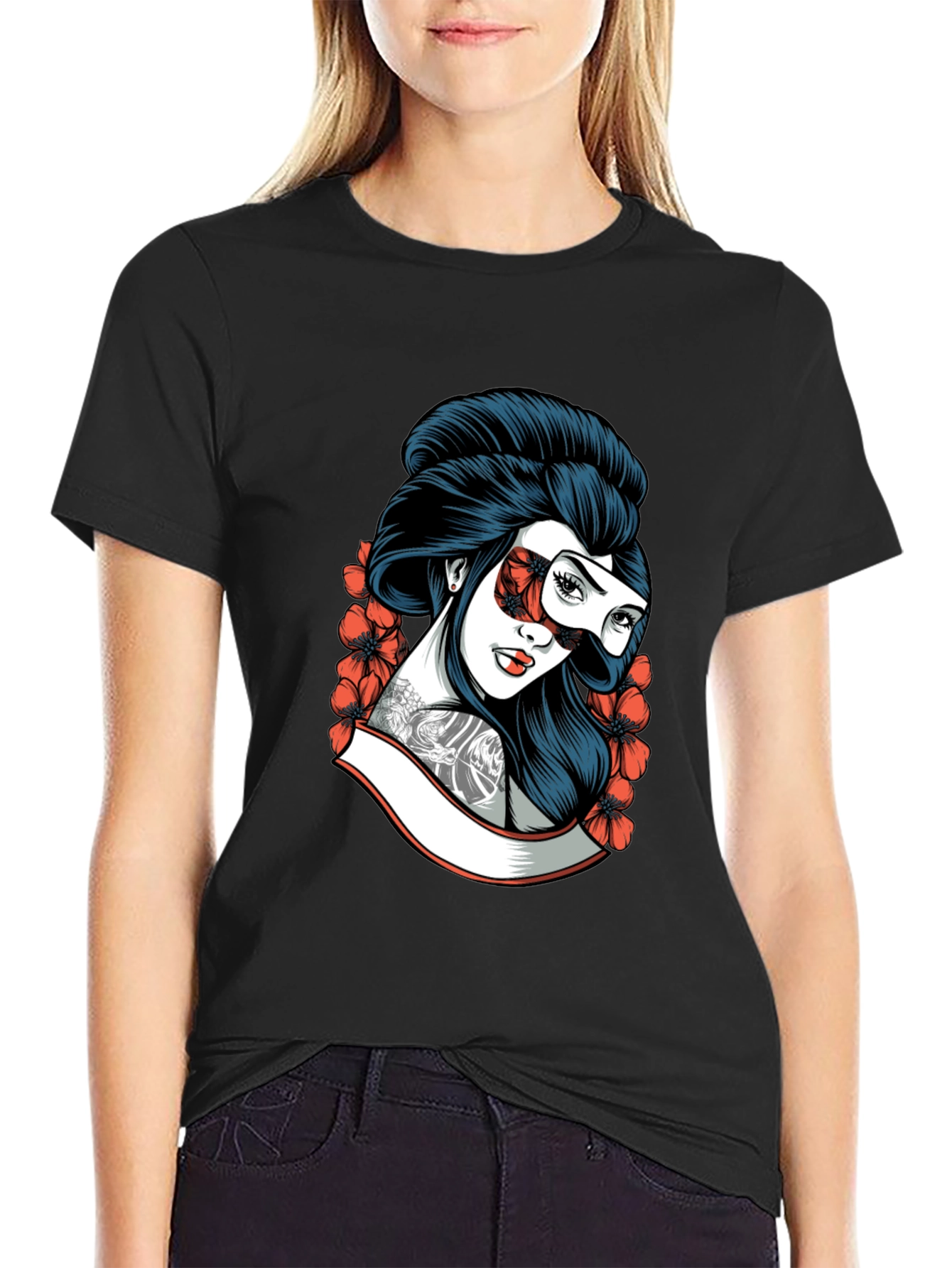 Geisha Mask Graphic Tee - Black Cotton T-Shirt