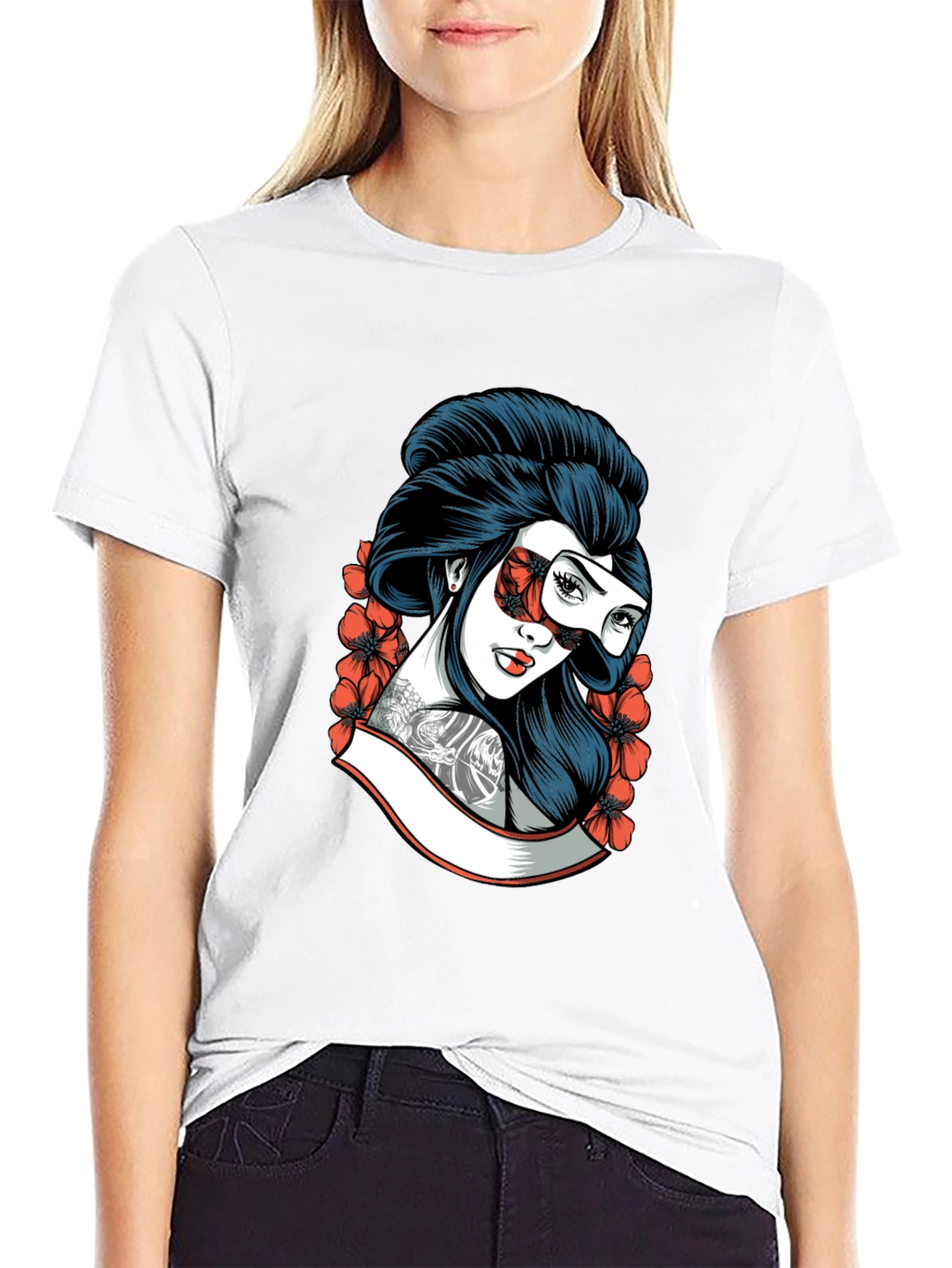 Geisha Mask Graphic Tee - Black Cotton T-Shirt