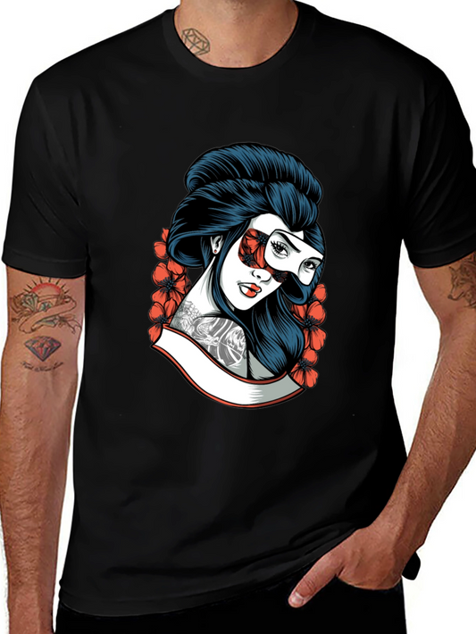Geisha Mask Graphic Tee - Black Cotton T-Shirt