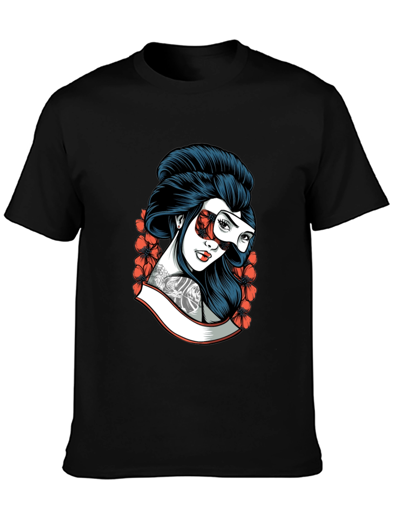 Geisha Mask Graphic Tee - Black Cotton T-Shirt