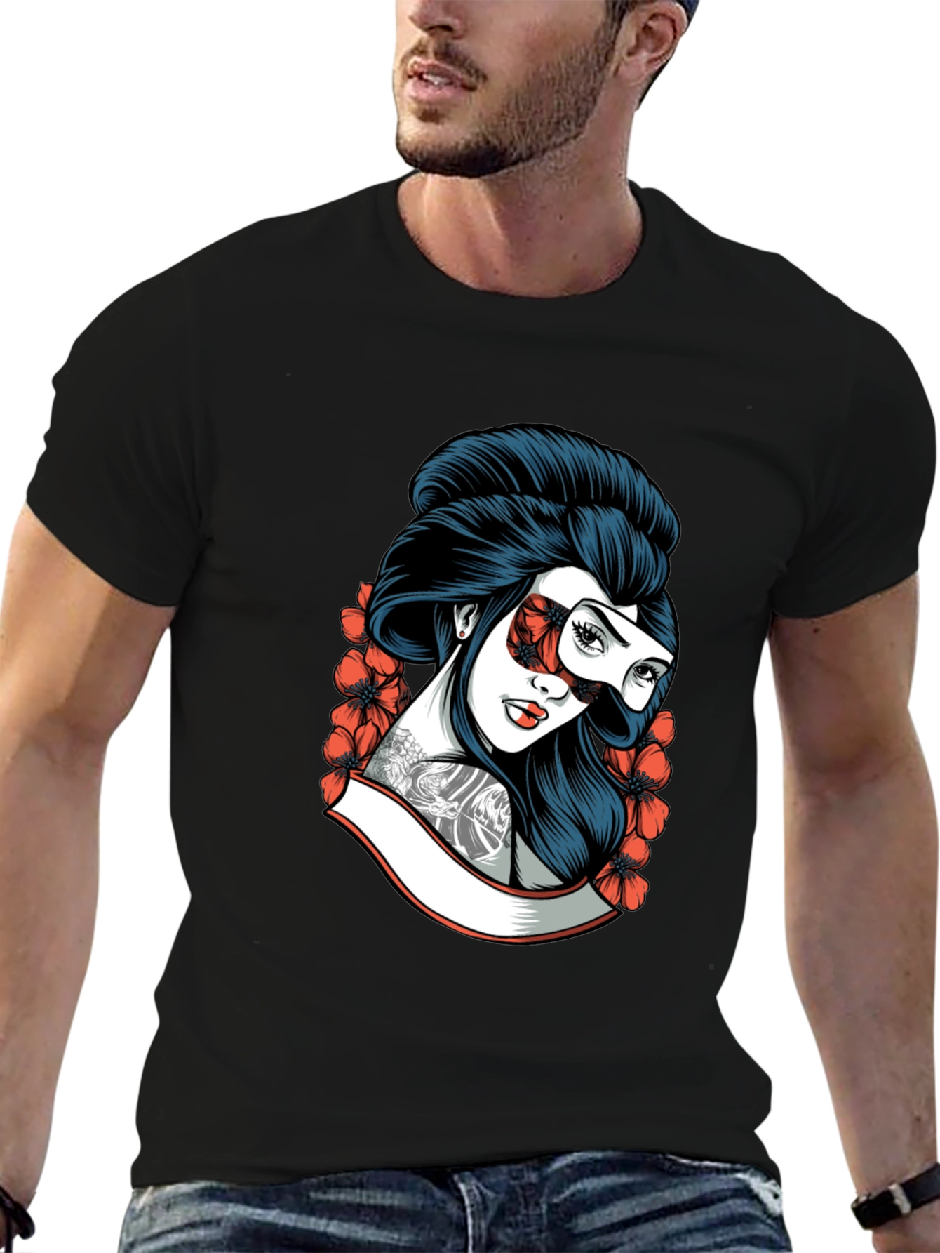 Geisha Mask Graphic Tee - Black Cotton T-Shirt
