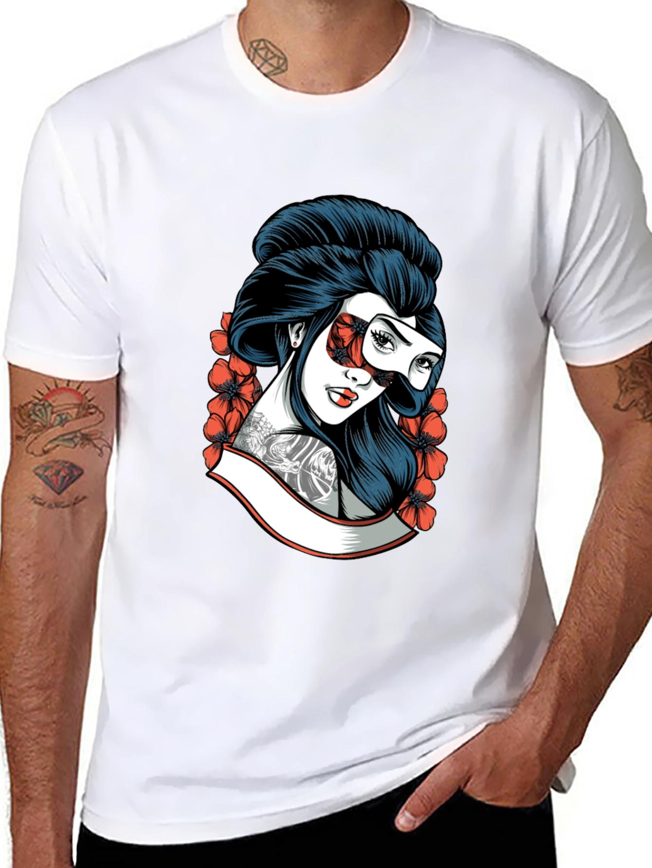 Geisha Mask Graphic Tee - Black Cotton T-Shirt