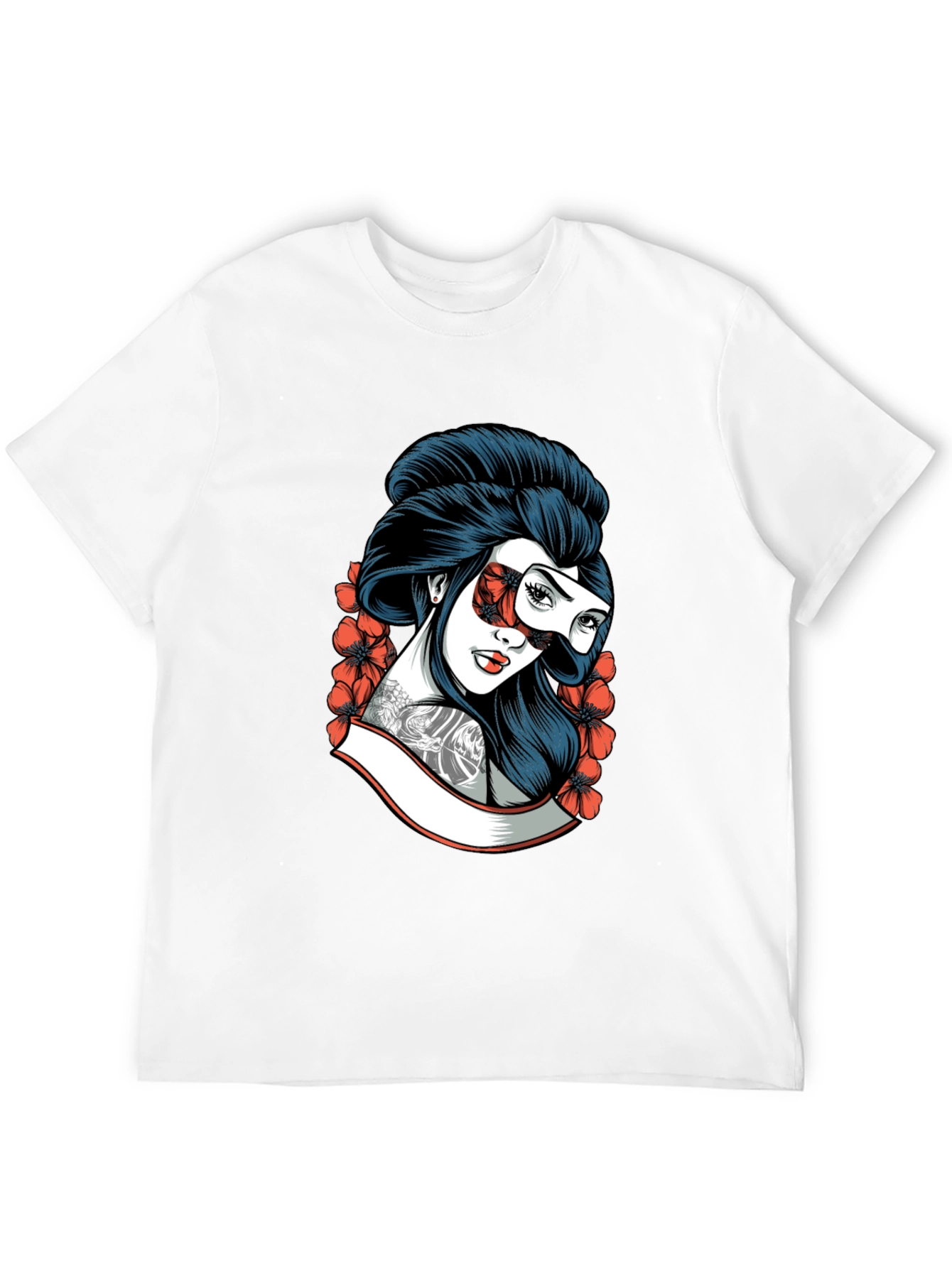 Geisha Mask Graphic Tee - Black Cotton T-Shirt