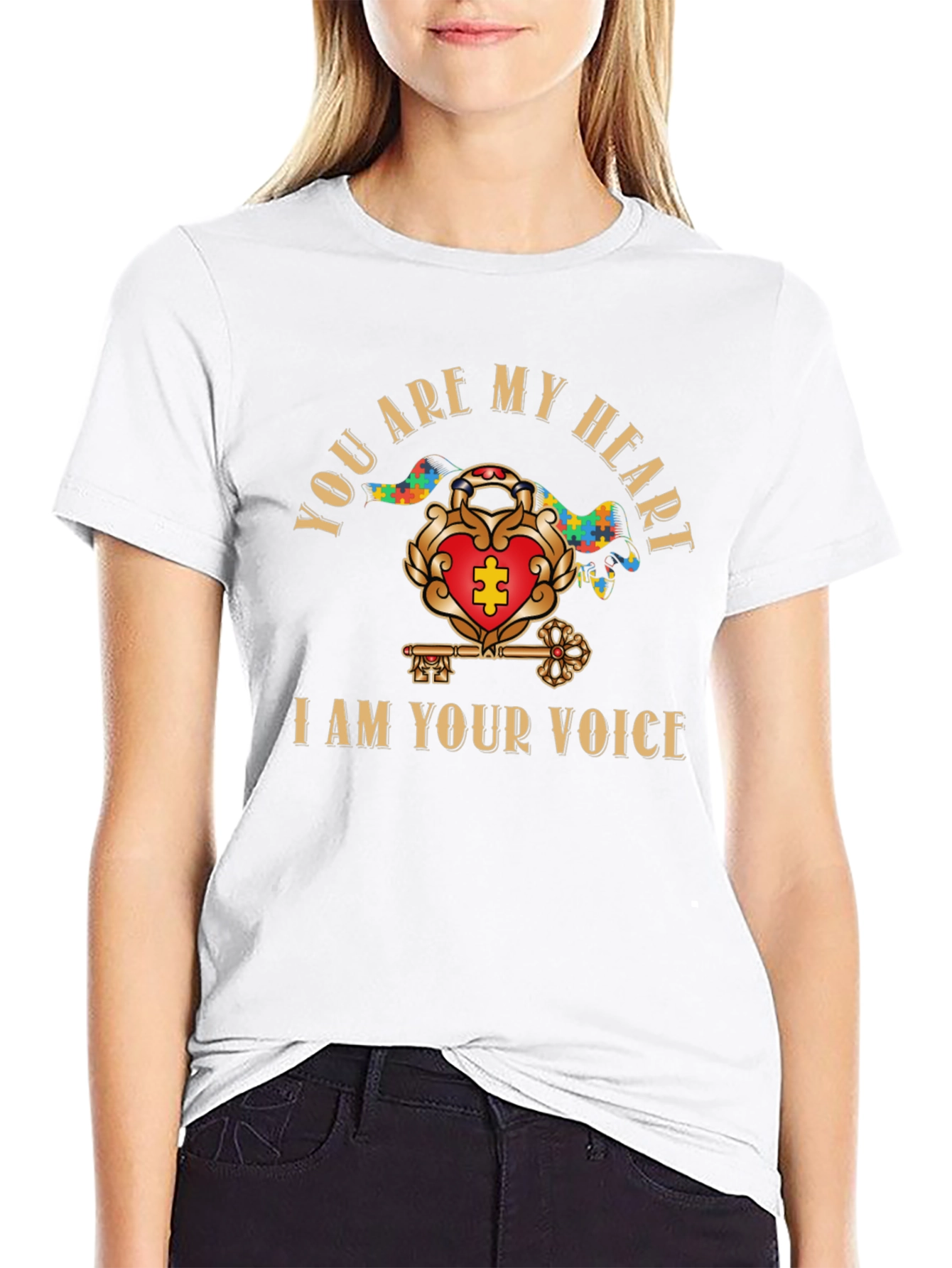 Autism Awareness Heart & Key Black T-Shirt