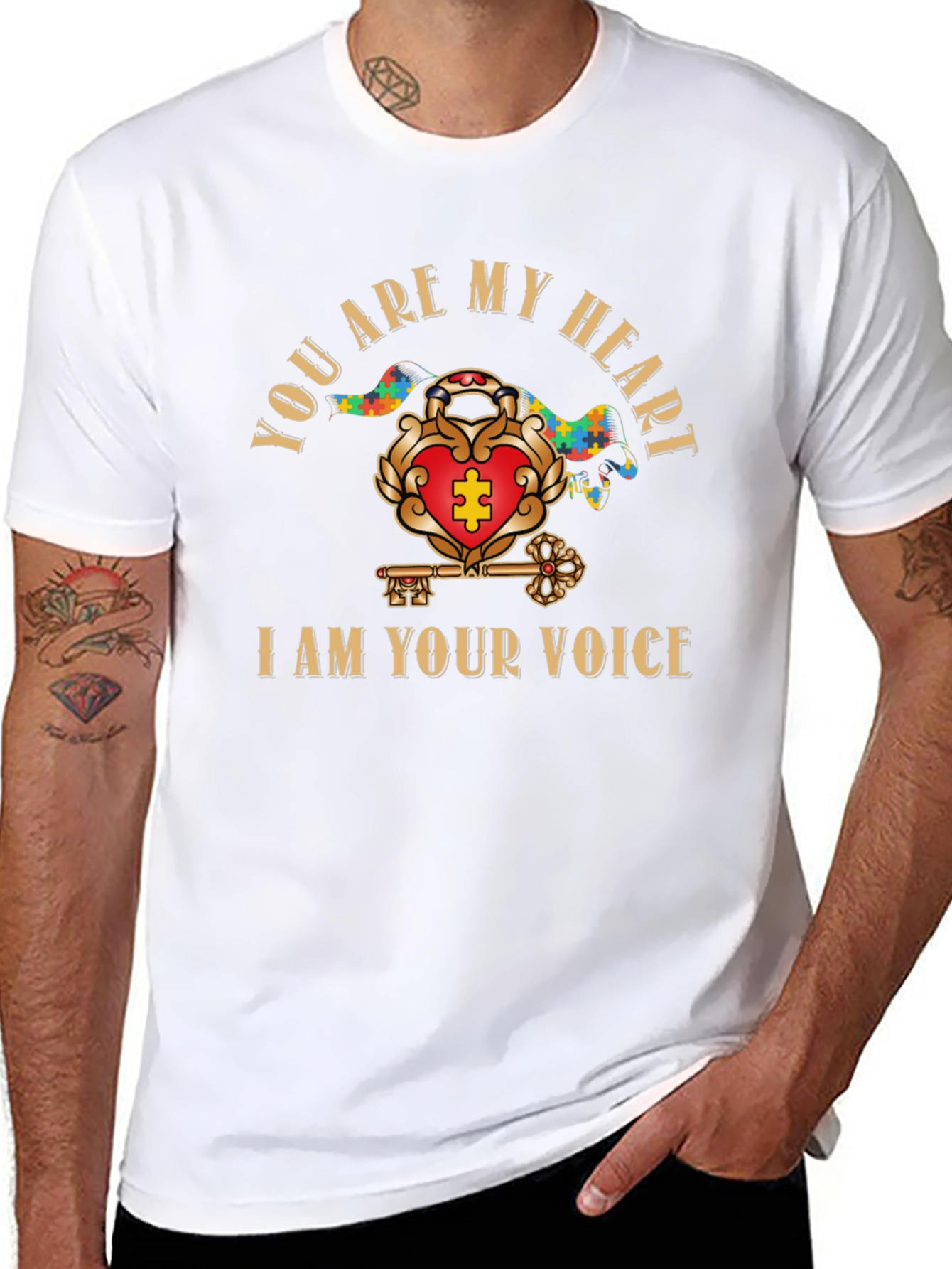 Autism Awareness Heart & Key Black T-Shirt