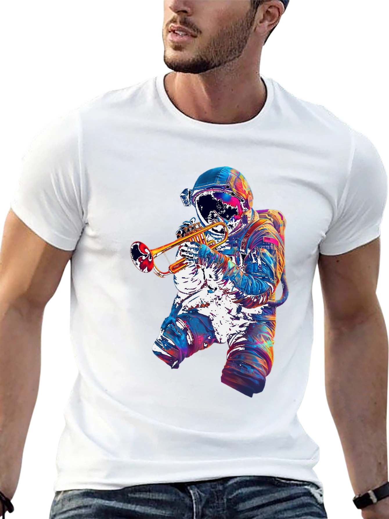 Astronaut Trumpet Graphic T-Shirt - Space Musician Tee