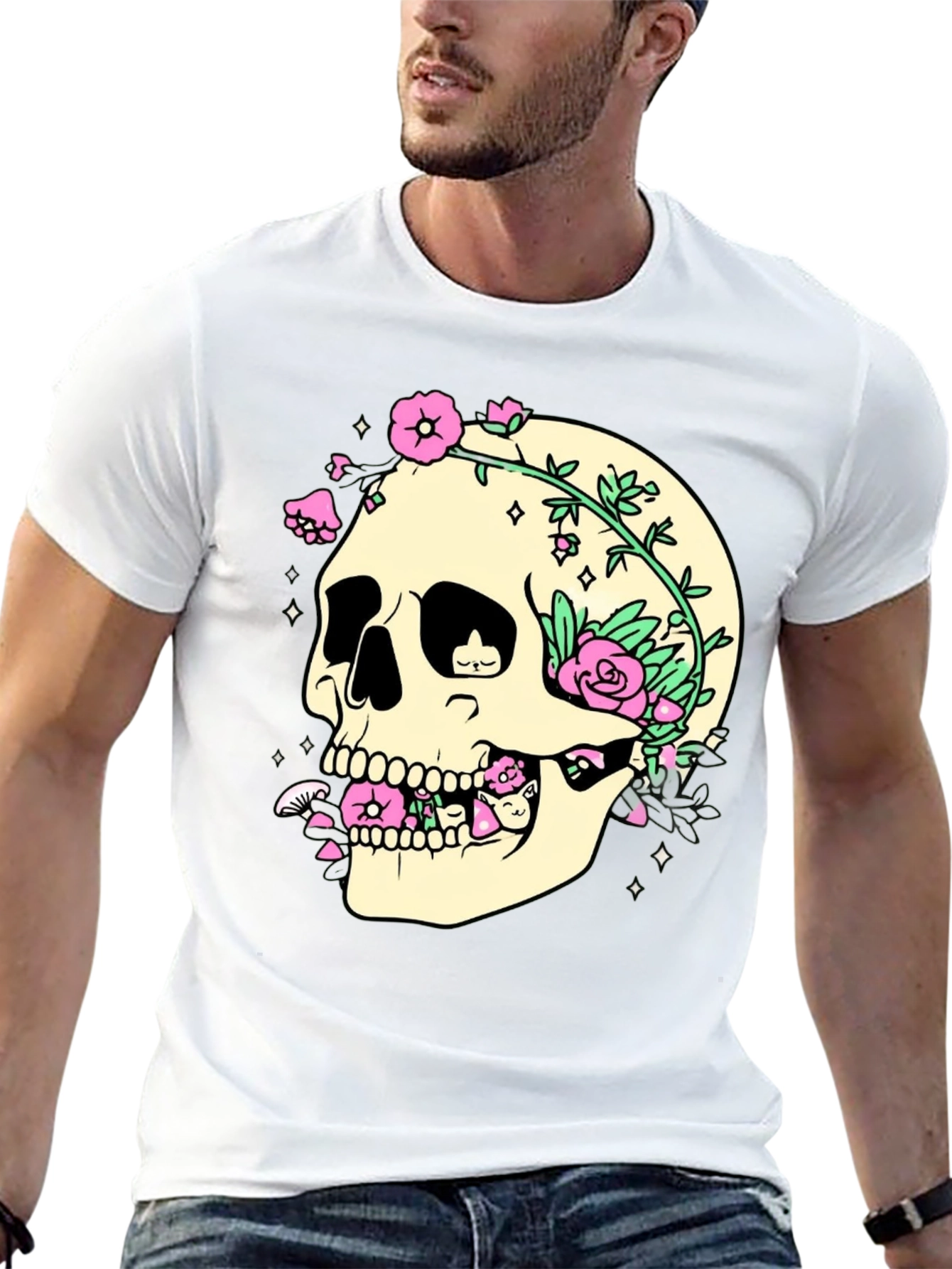 Skull & Flowers Graphic Print T-Shirt